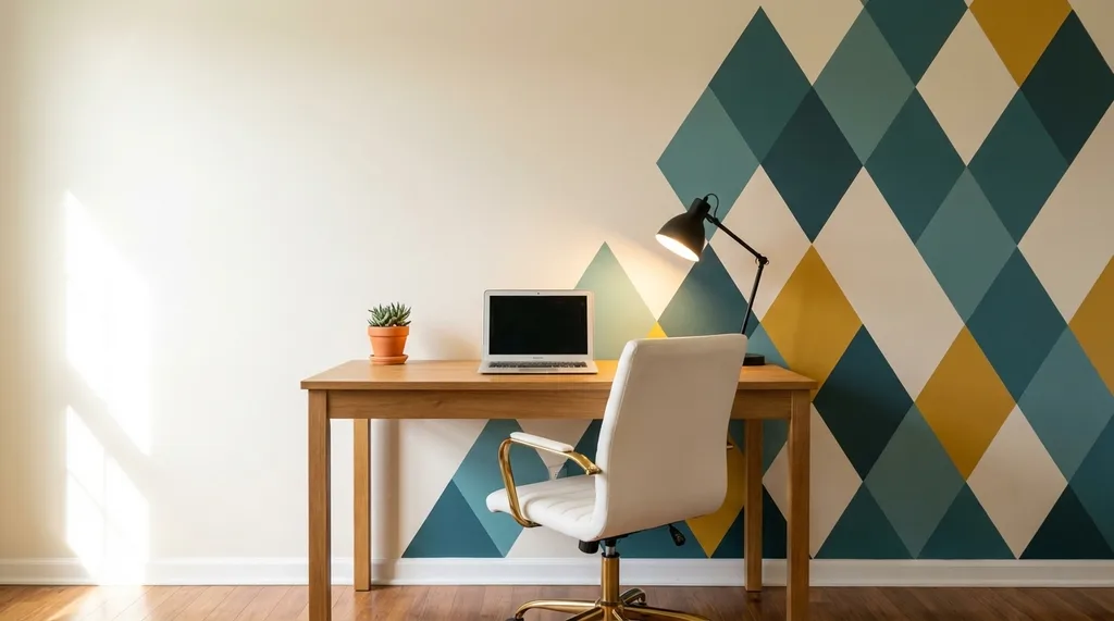 A modern and stylish geometric wall design with teal, mustard, and white diamonds, bringing a vibrant pop of color.