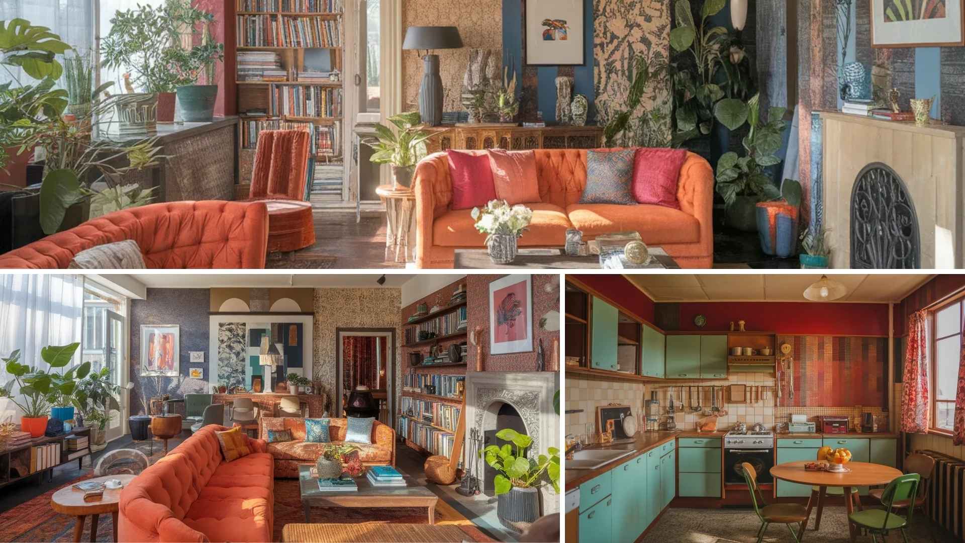 A collage of retro 70s interior rooms featuring orange velvet sofas, wood paneling, vintage decor, and a teal kitchen.