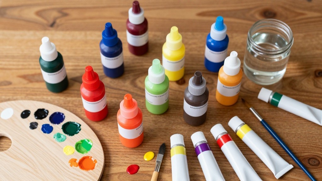 Several small squeeze bottles of colorful acrylic paint arranged on a wooden surface next to a paint palette with mixed colors and paintbrushes.