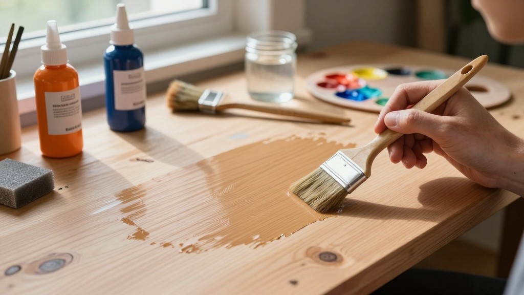 A person using a paintbrush to apply a clear or light-colored base coat onto a smooth wooden surface.