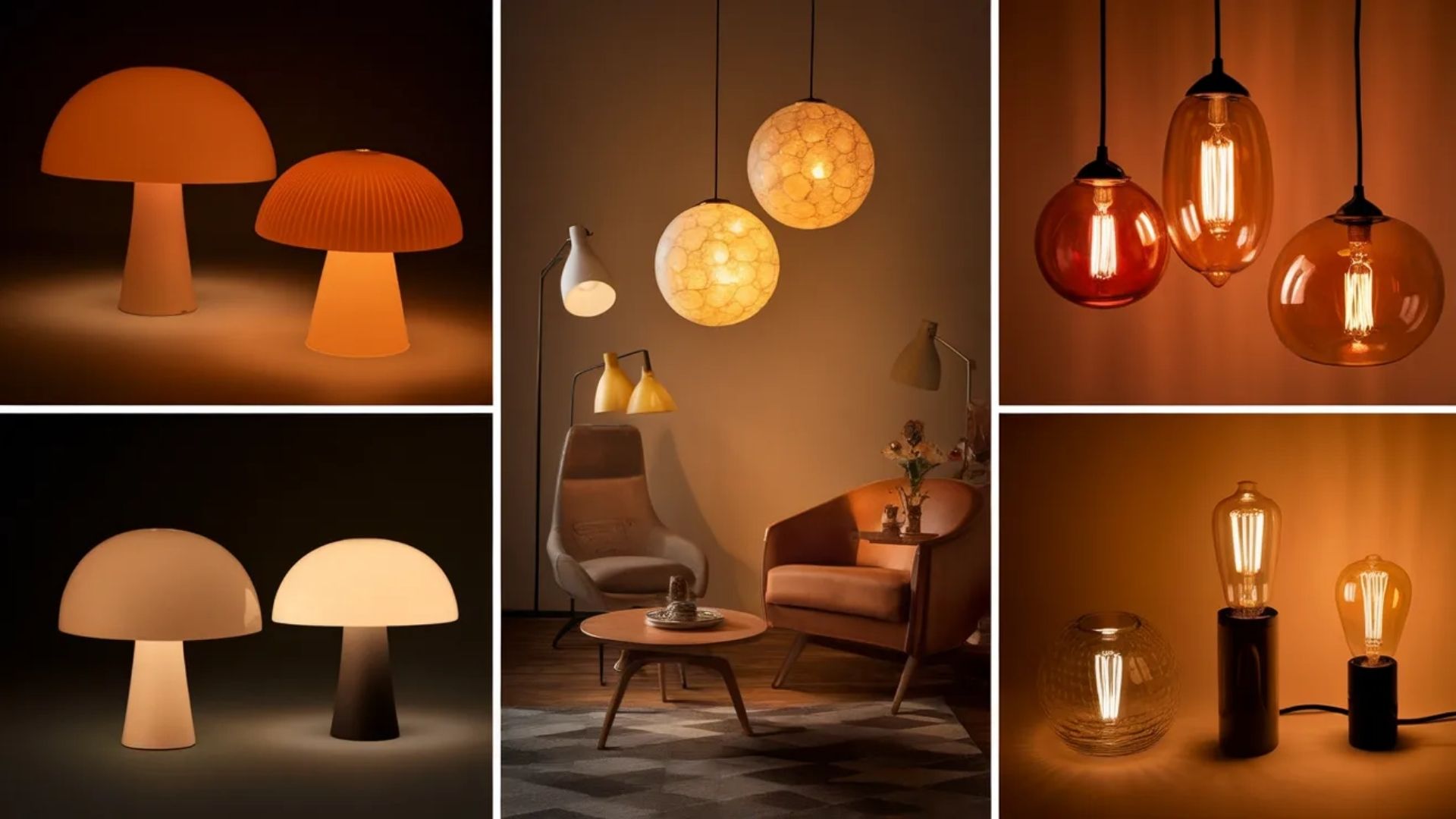 Retro 70s house interior lighting ideas with mushroom lamps, globe pendant lights, and warm amber vintage bulbs