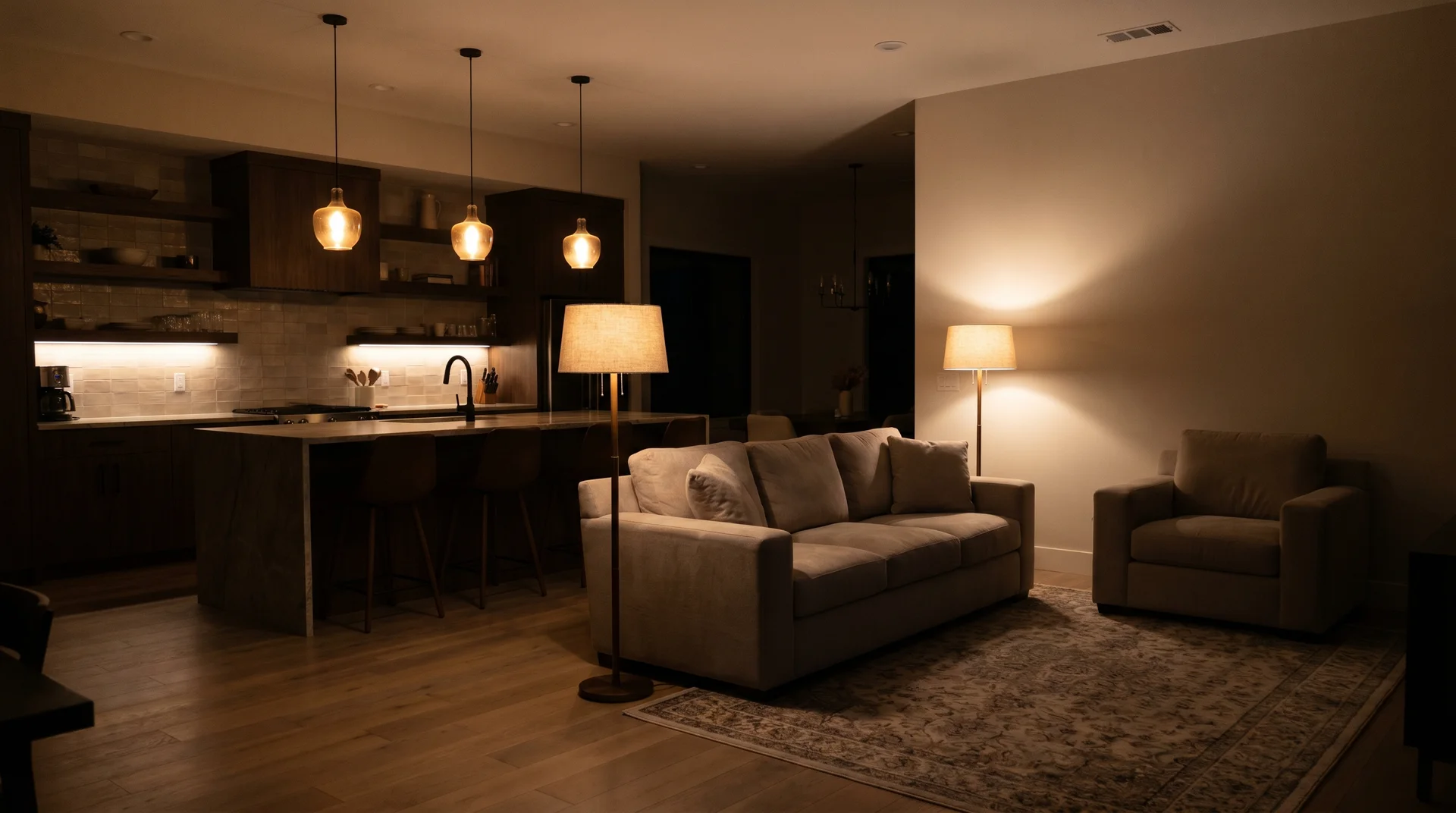 Cozy open layout with warm pendant lights over a kitchen island and a floor lamp illuminating a grey sofa.