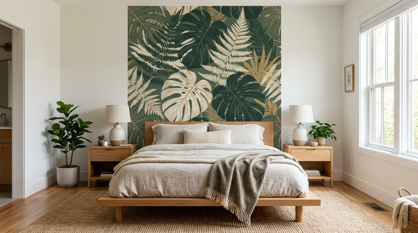 Wall decor for bedroom with botanical wallpaper panel creating a bold focal point behind the bed.