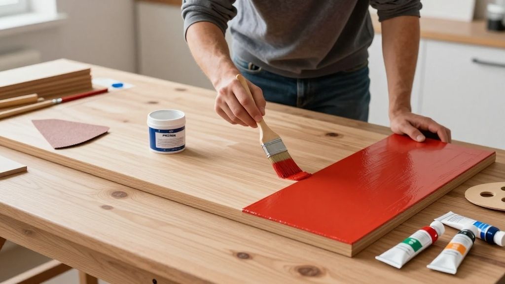 Person applying bright red paint with a brush onto a wooden board on a workbench with painting supplies nearby