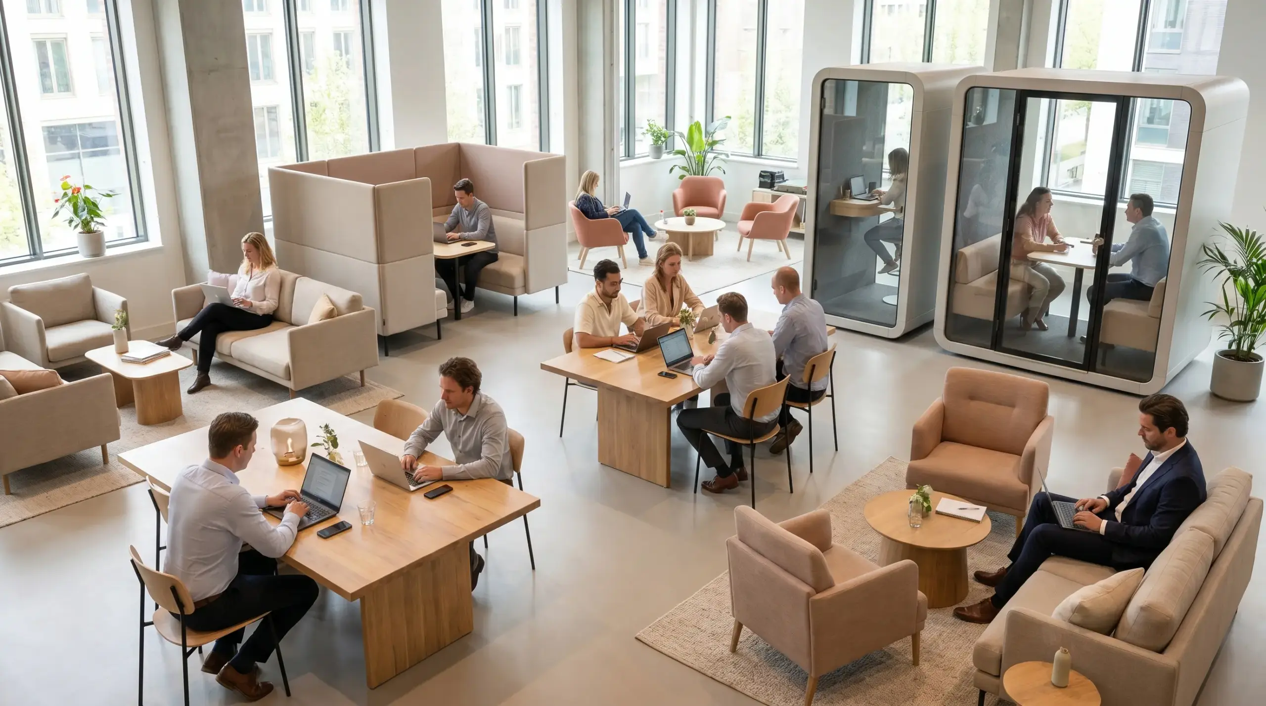 Office with team-based desk clusters, low partitions, breakout areas, and lounge corners, showing collaboration and team zones.