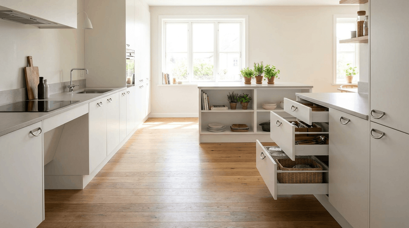 Accessible kitchen with wide aisles low cabinets and pull out drawers for easy reach.