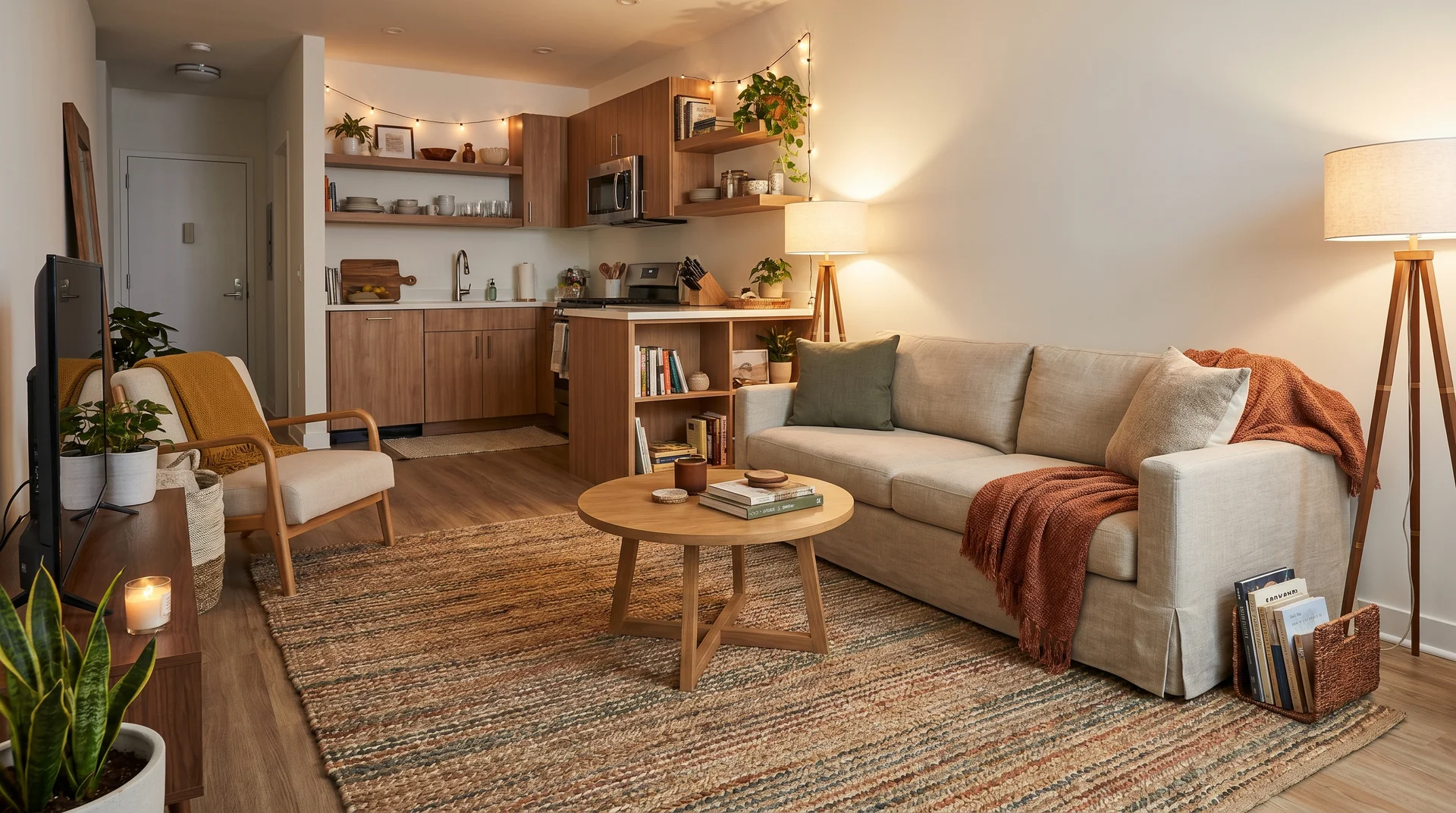 Cozy open layout with a patterned area rug defining a living space with a beige sofa, wooden coffee table, and tripod lamp.