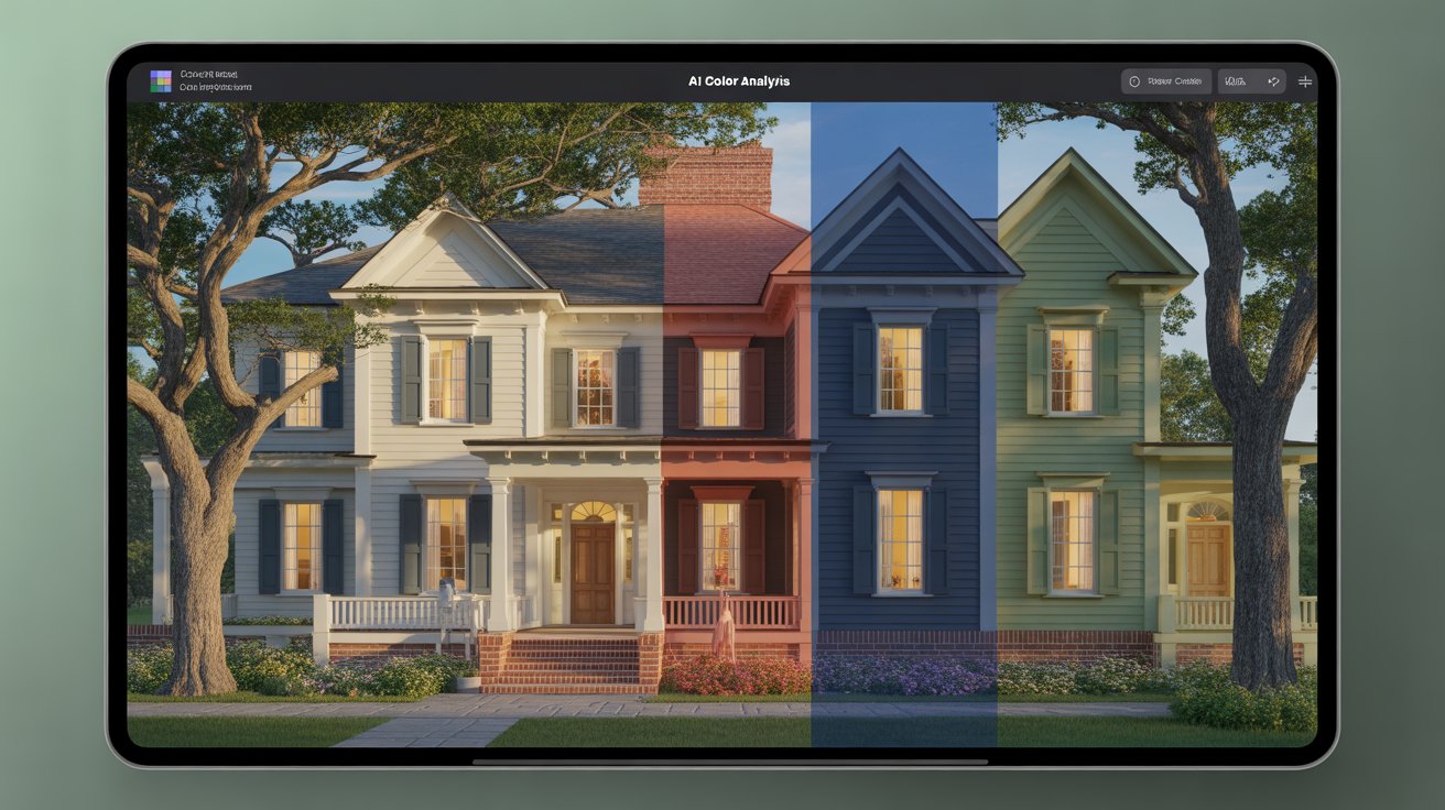 AI-powered exterior paint visualizer showing a home with realistic color rendering, preserving textures, light, and shadows.
