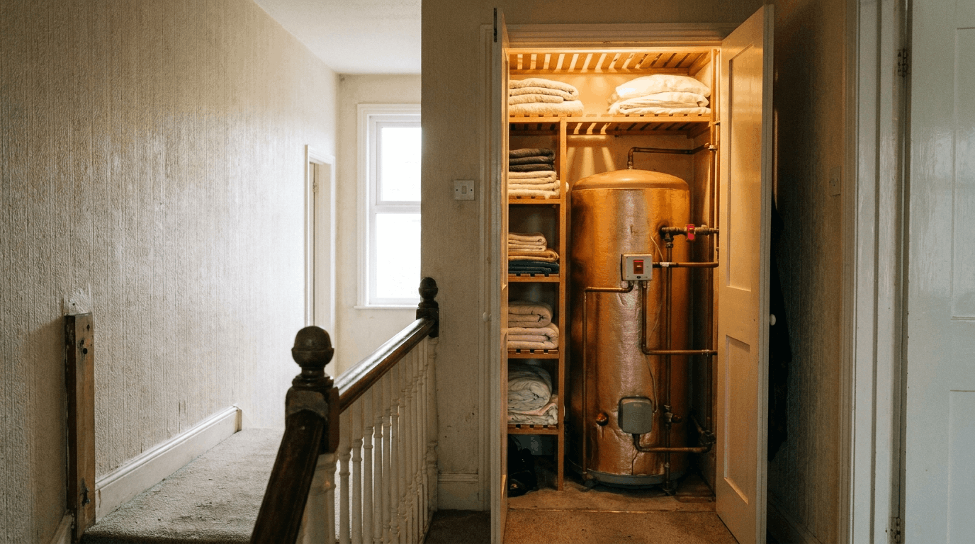 British airing cupboard with hot water tank and neatly folded warm household linens.