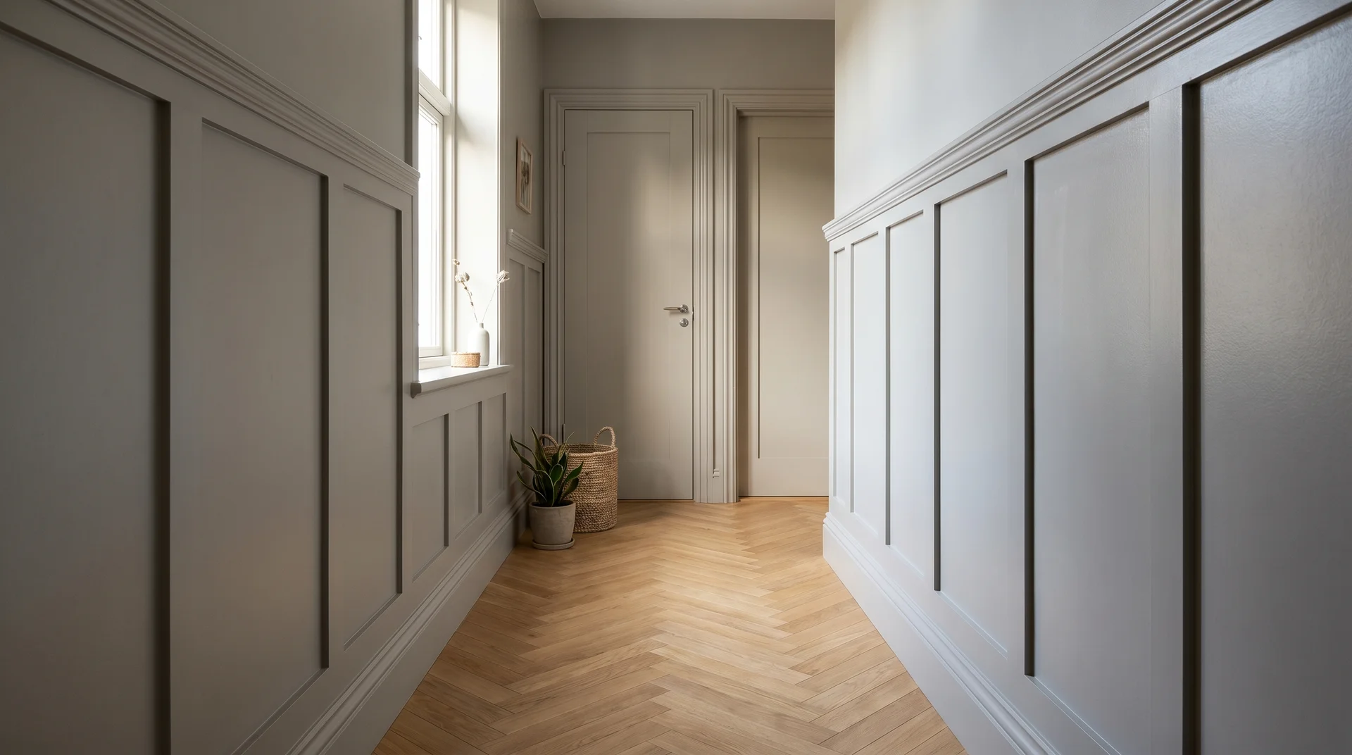 Neutral hallway with all-one-color board and batten, wooden herringbone floor, natural light from window, minimalist décor.
