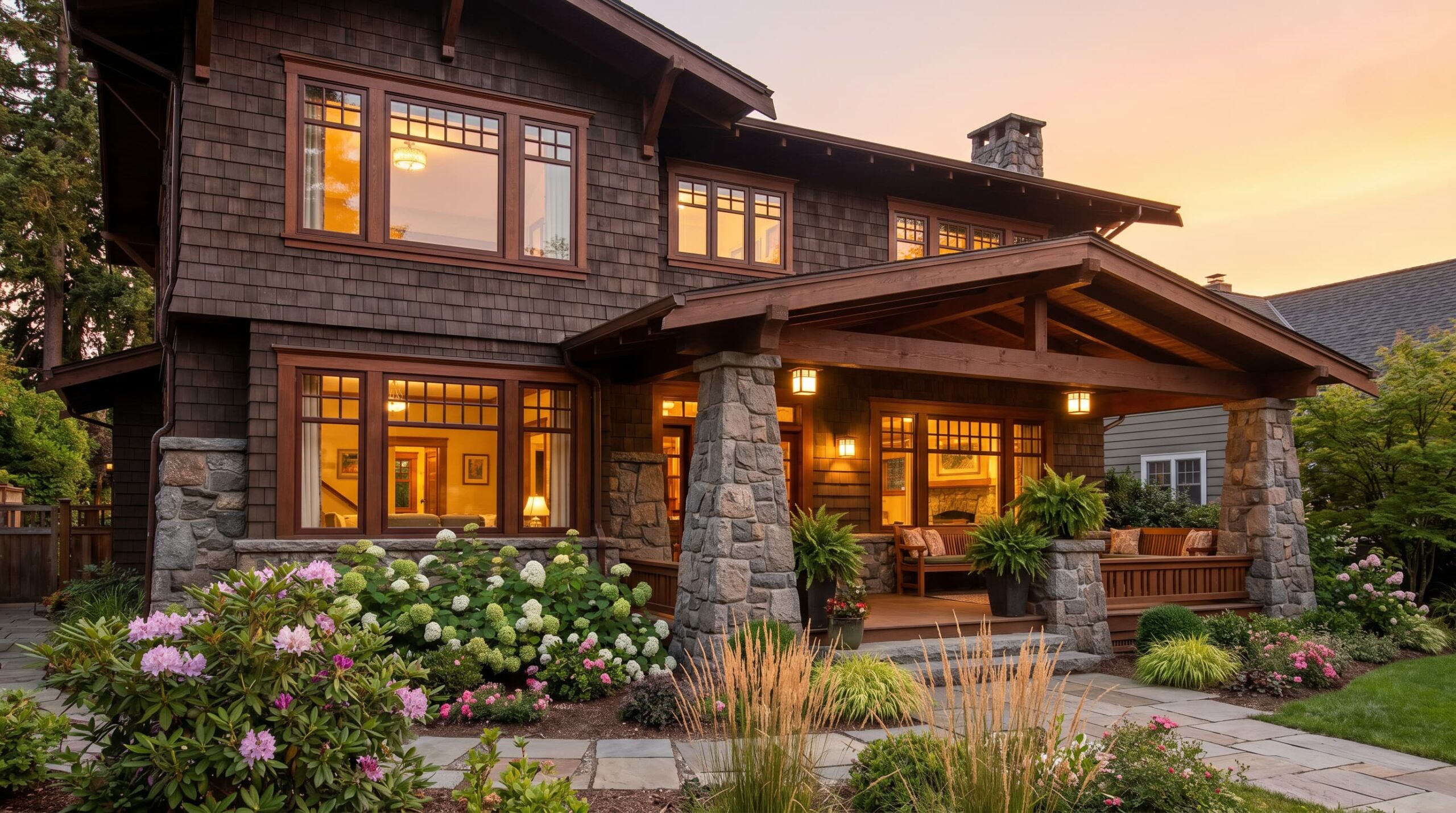 A warm American Craftsman home with exposed rafters, tapered columns, a wide front porch, and natural wood siding.