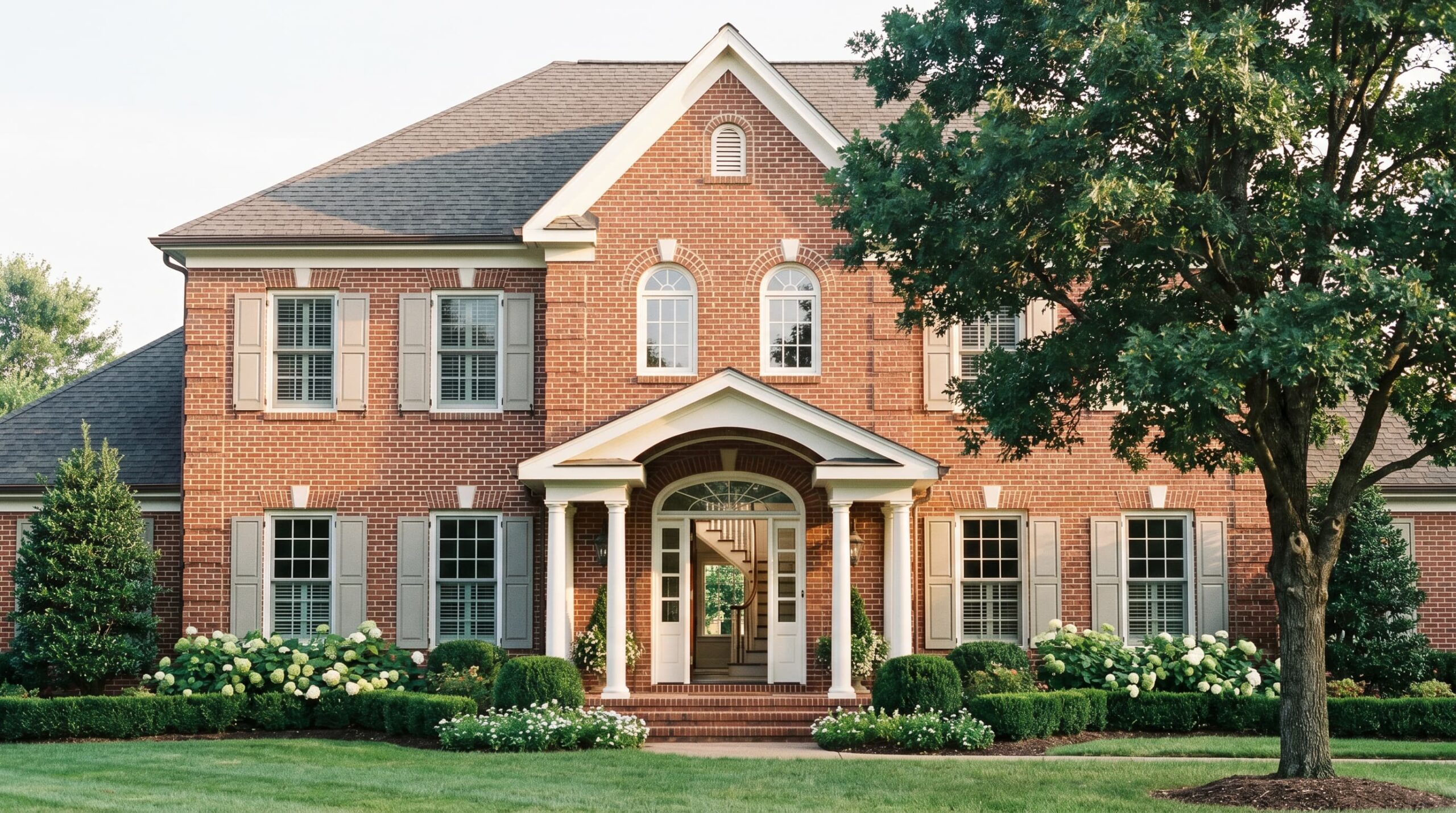A classic American Traditional house with a brick exterior and symmetrical design.