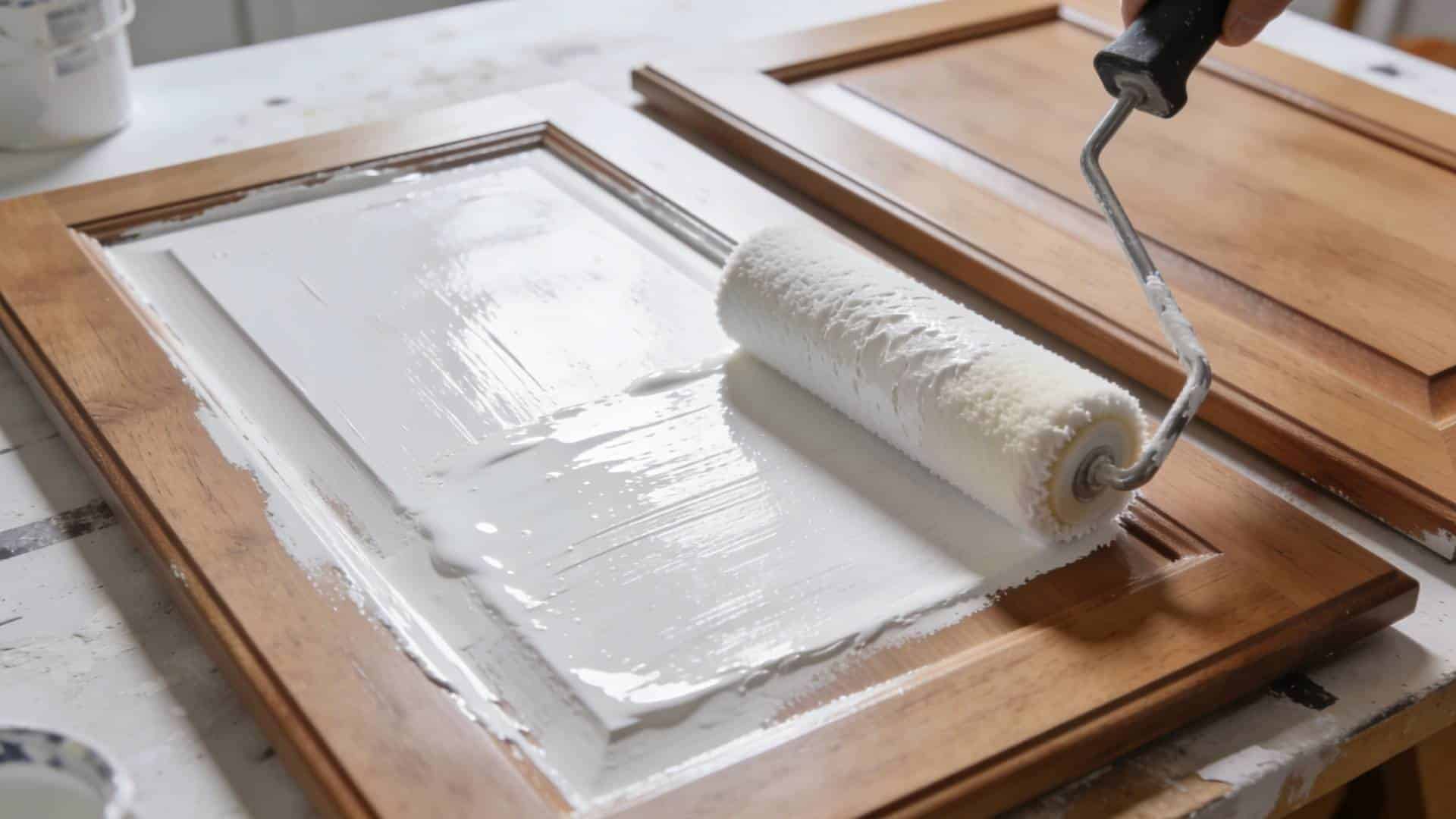 Applying white primer coat with paint roller while working to refinish bathroom vanity cabinet doors and panels evenly.