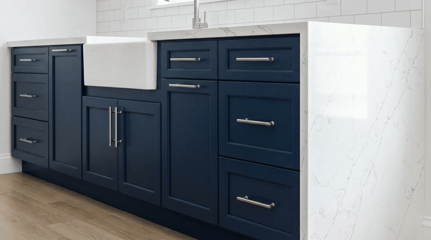 Navy blue base kitchen cabinets with quartz countertop and brushed nickel pulls.