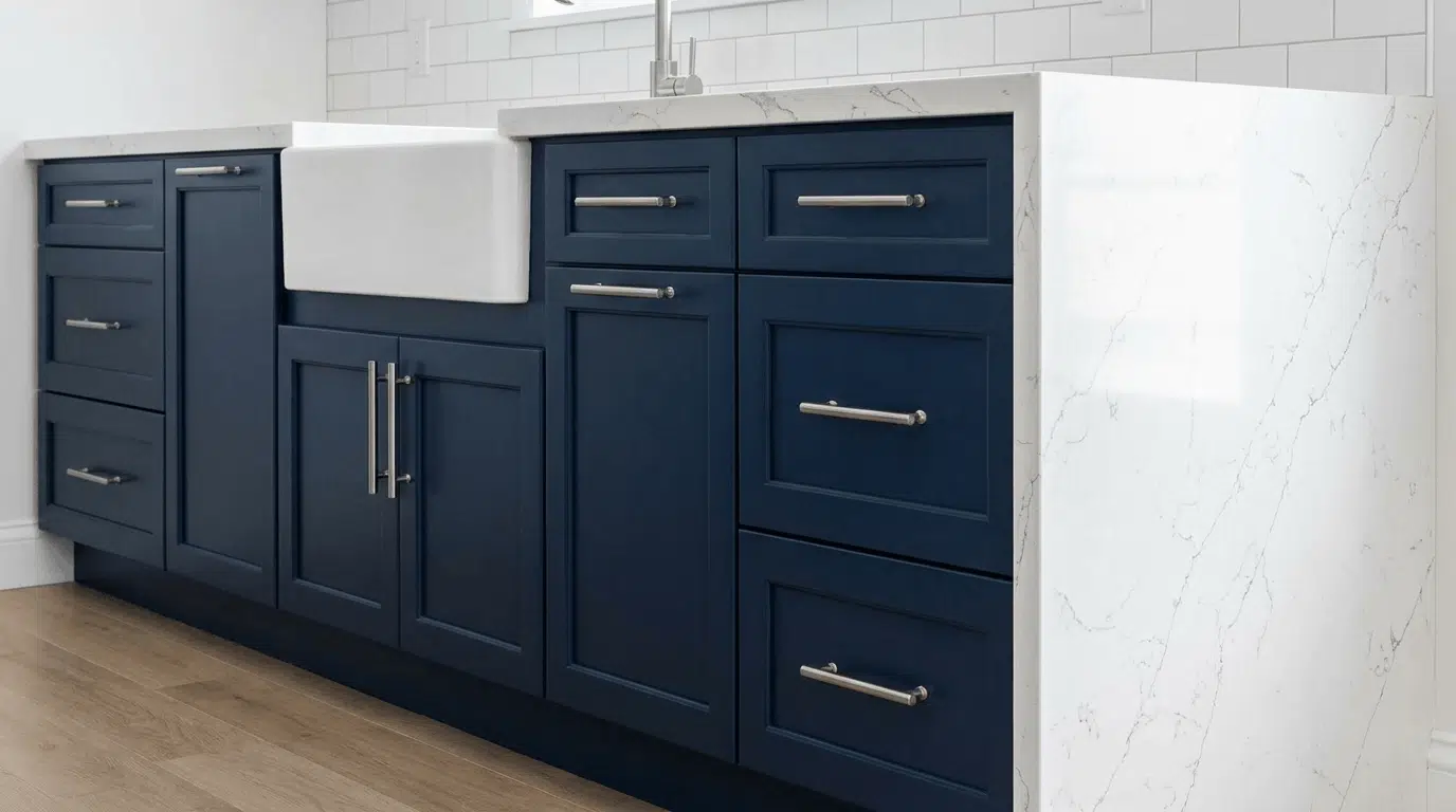 Navy blue base kitchen cabinets with quartz countertop and brushed nickel pulls.