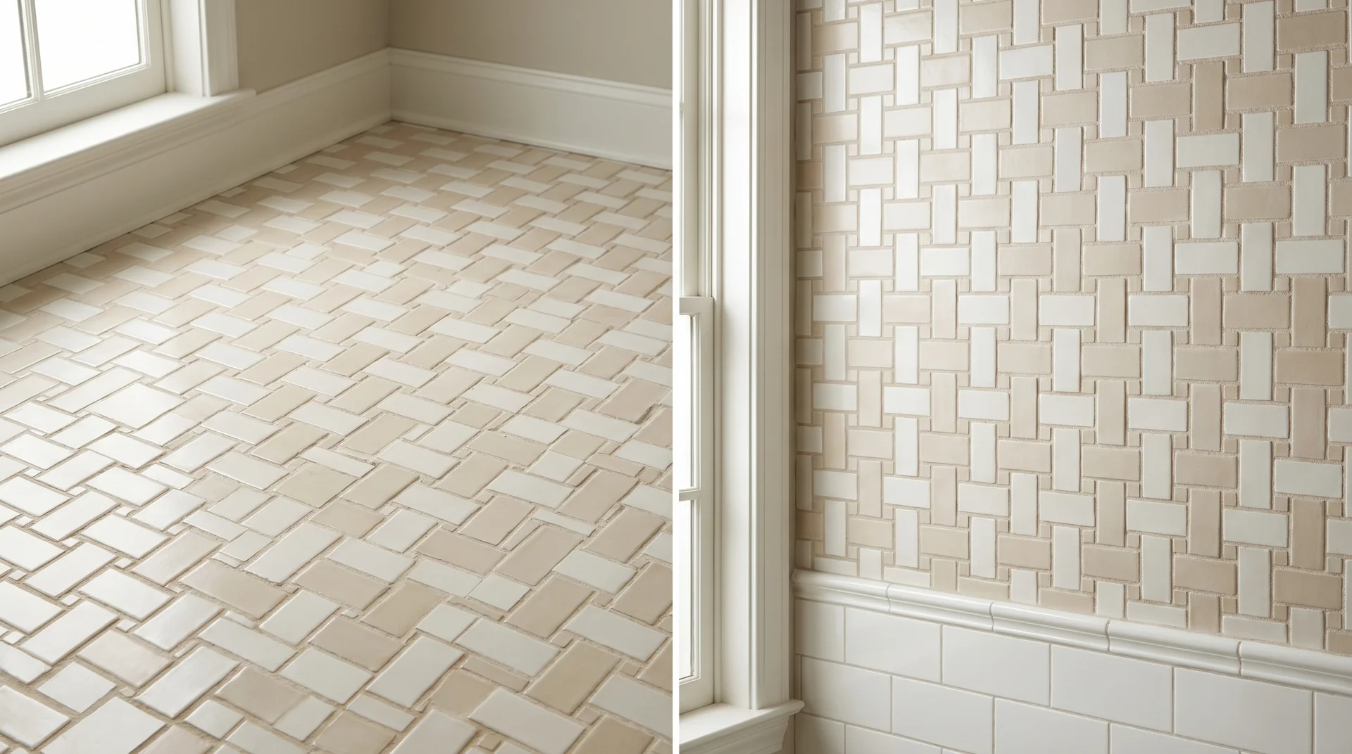Basketweave pattern with beige and white rectangular tiles on the left floor and wall in a classic bathroom design.
