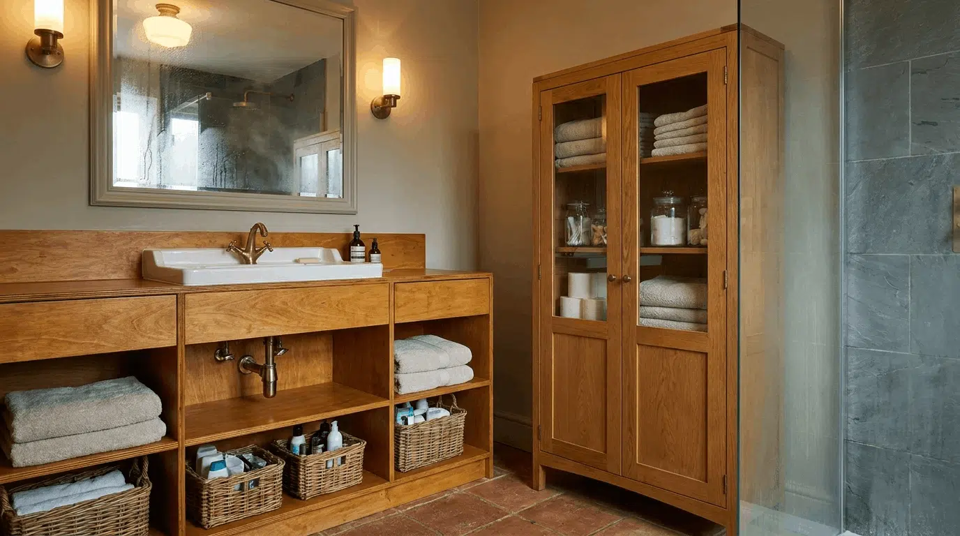 Bathroom vanity cabinet beside freestanding linen cupboard with towel storage.
