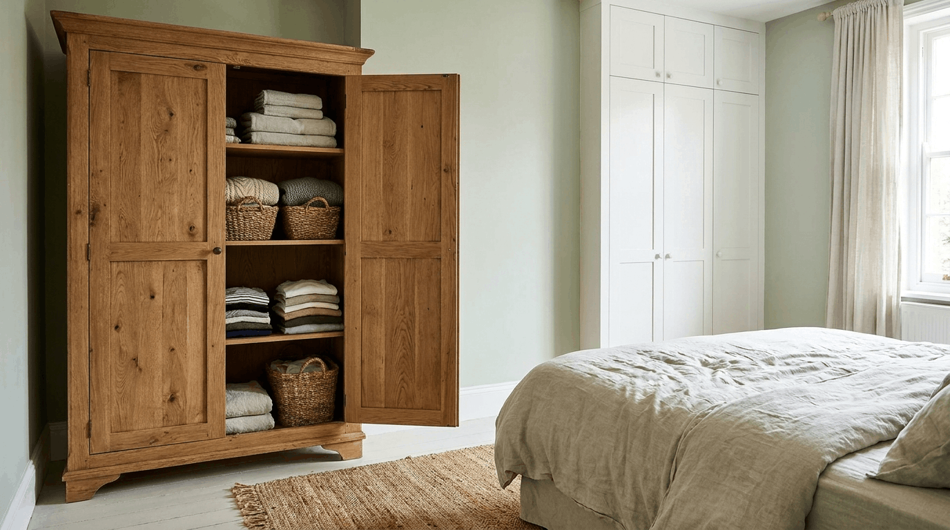 Freestanding bedroom cupboard beside built-in wardrobe storage in modern bedroom.