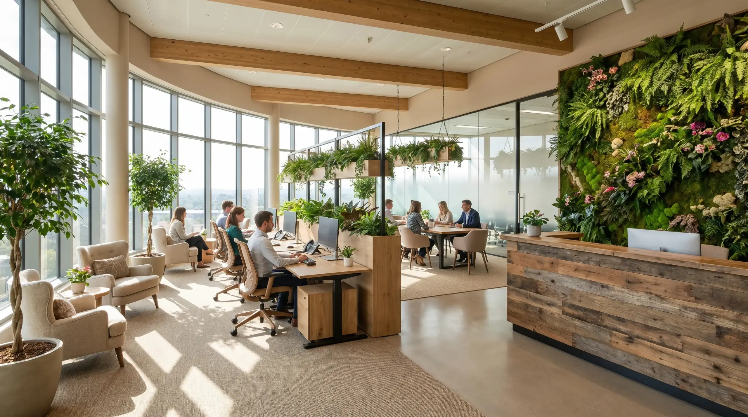 Office with workstations oriented toward windows, plant walls, green partitions, living wall at reception, natural light, and indoor plants.