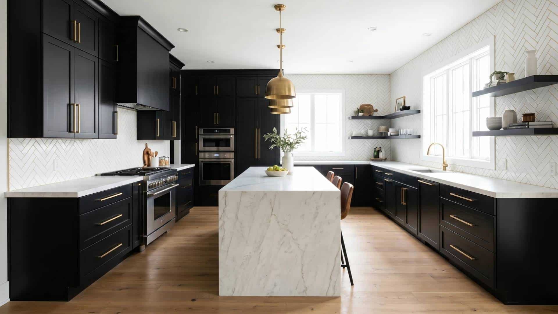 Sleek black painted kitchen cabinets paired with white marble countertops, brass hardware, and modern lighting