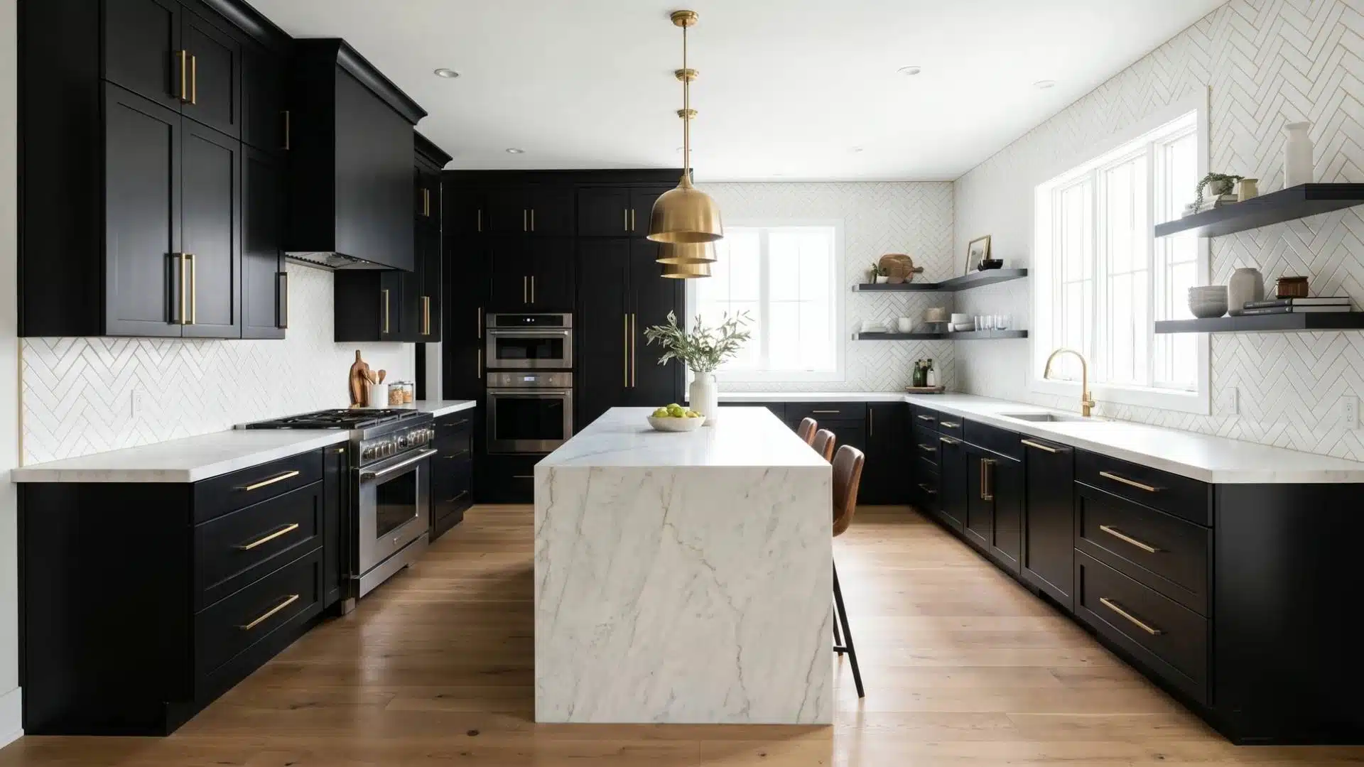 Sleek black painted kitchen cabinets paired with white marble countertops, brass hardware, and modern lighting