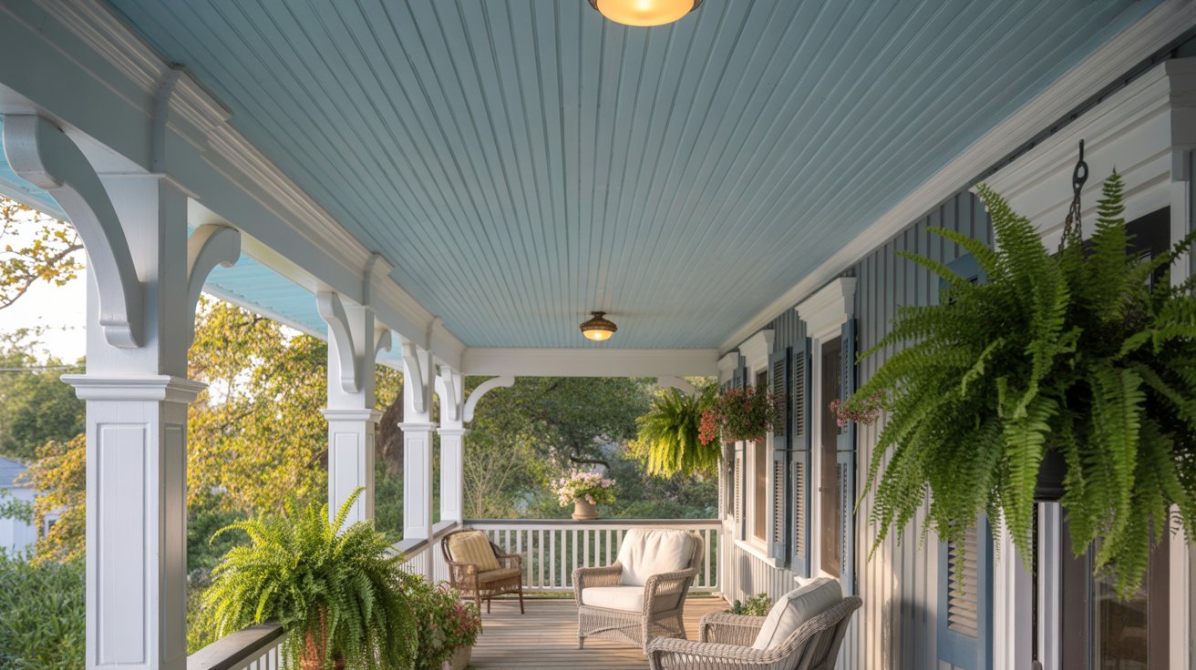Light blue beadboard porch ceiling with white trim and hanging plants on a classic front porch