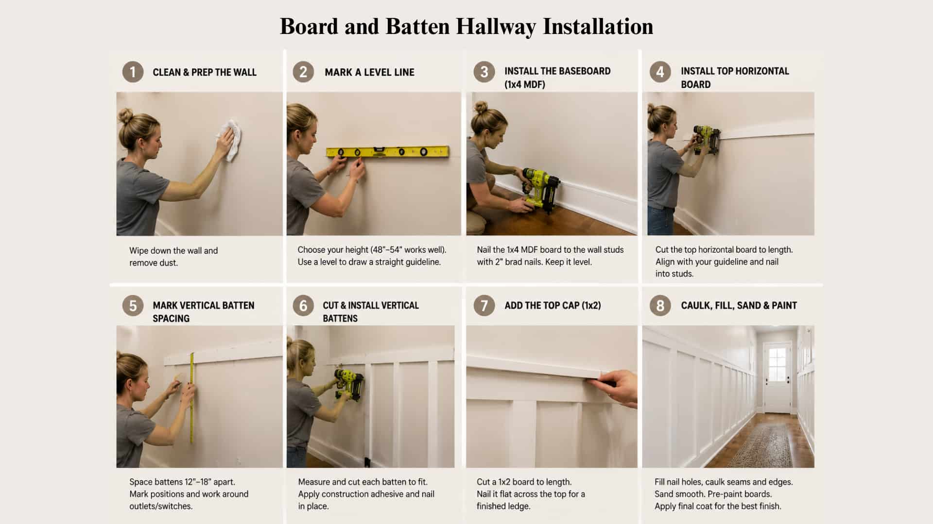 Step-by-step DIY collage showing board and batten hallway installation in eight panels, from wall prep to painting finish.
