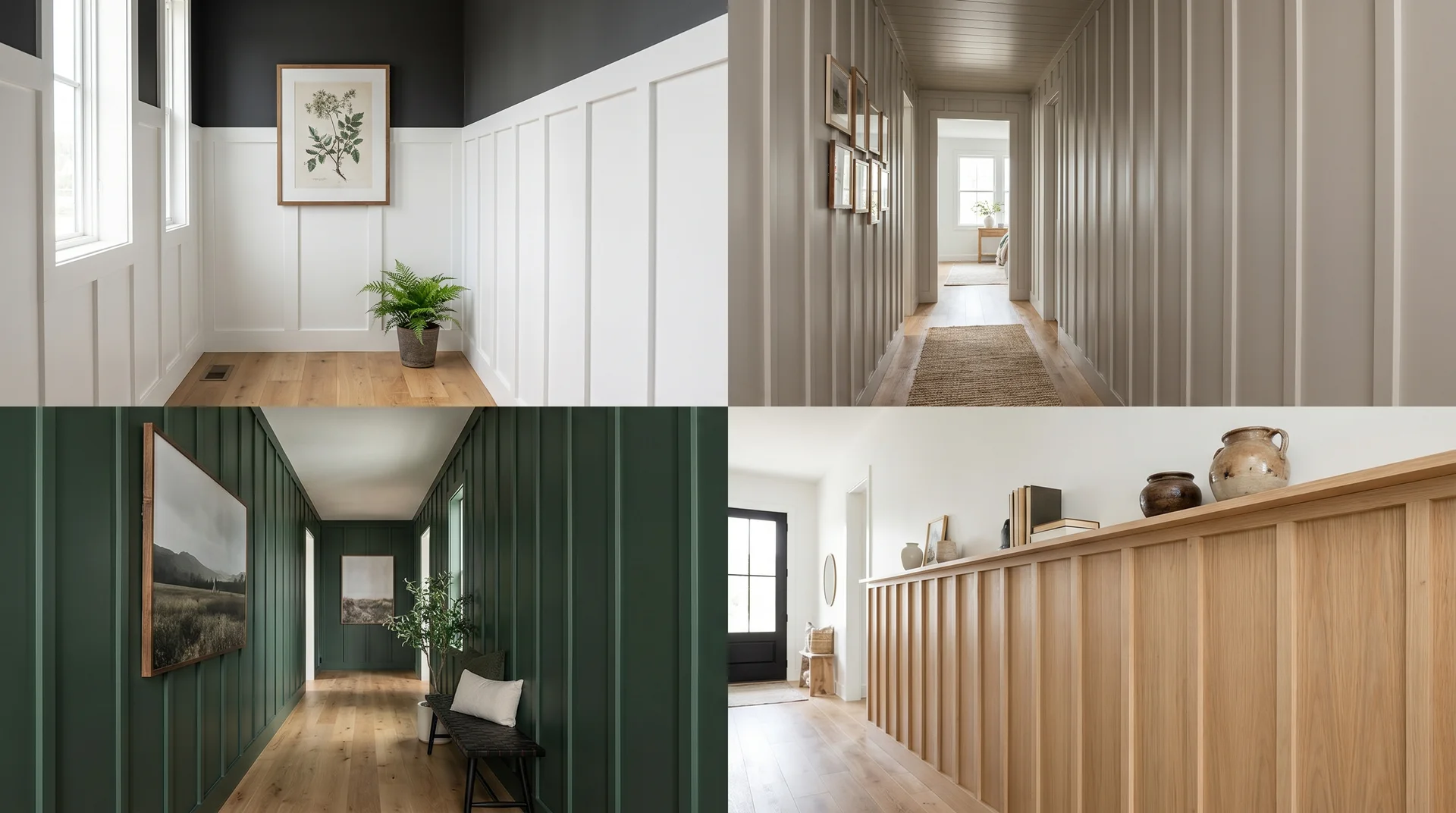 Collage of hallways showing four board-and-batten styles: classic white, all-one-color, deep green, and wood top cap shelf.