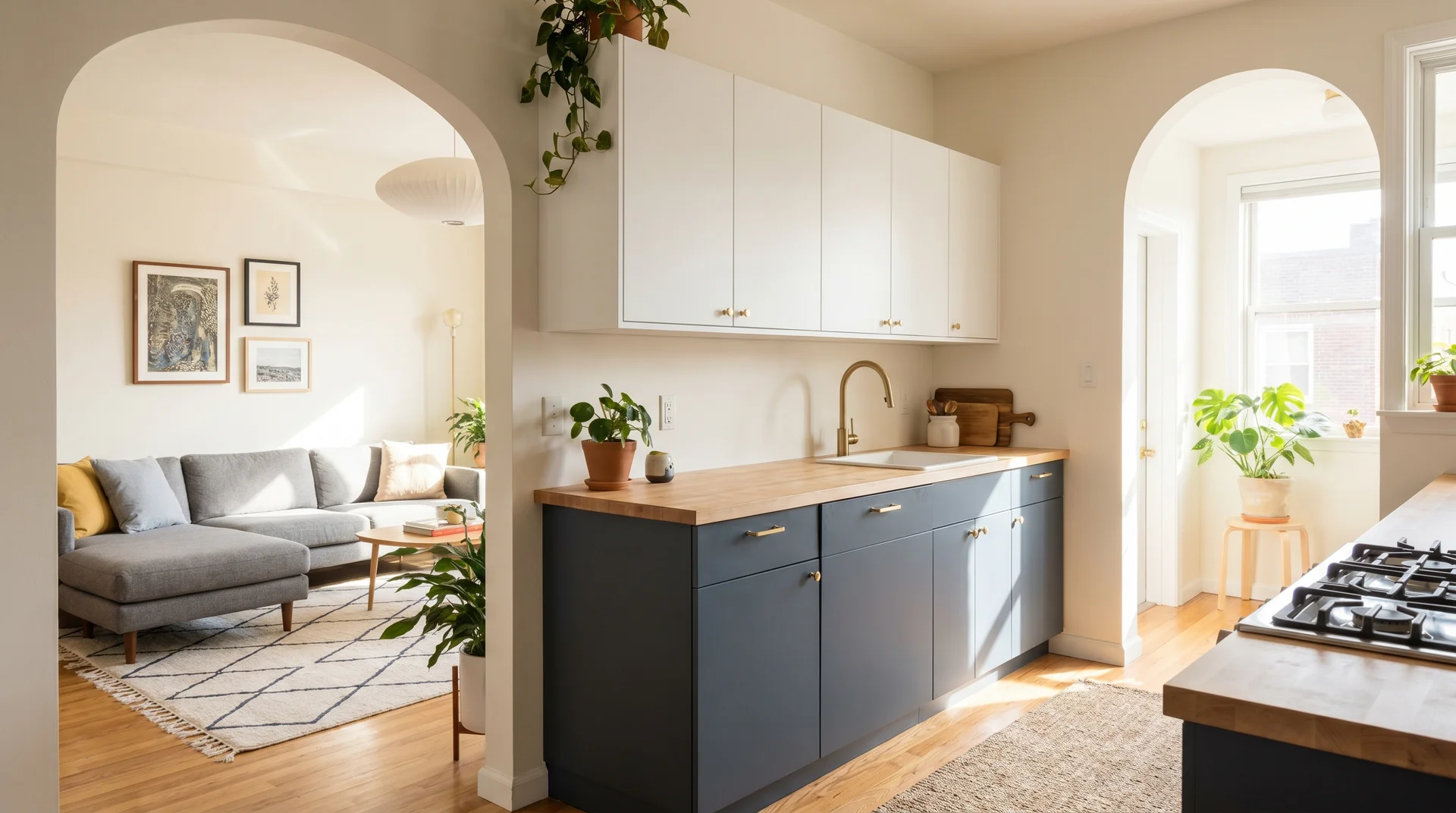Two-tone kitchen with white upper and dark blue lower cabinets opening into a neutral living room through an archway.