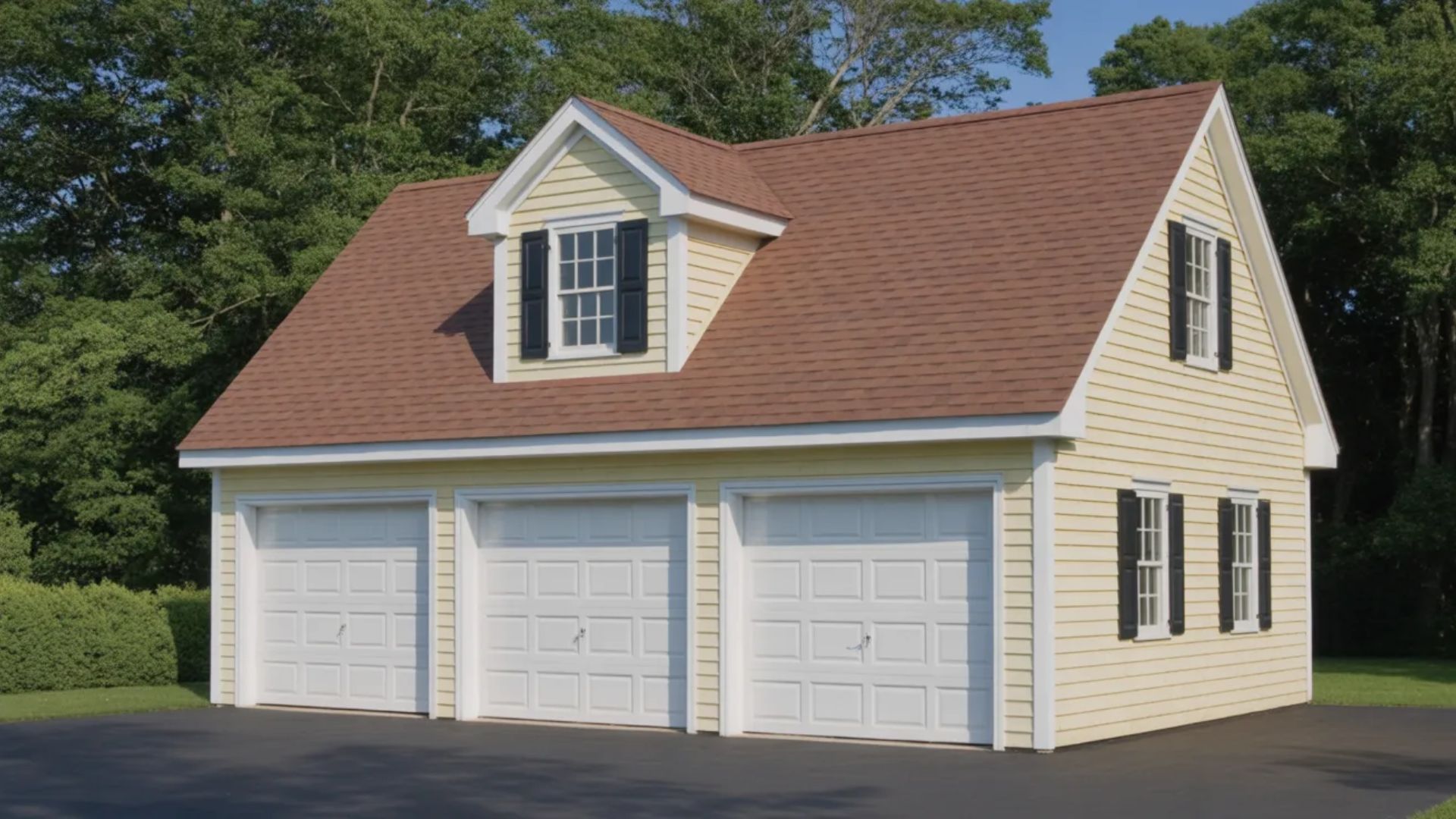 Box gable roof garage with three doors and a dormer window