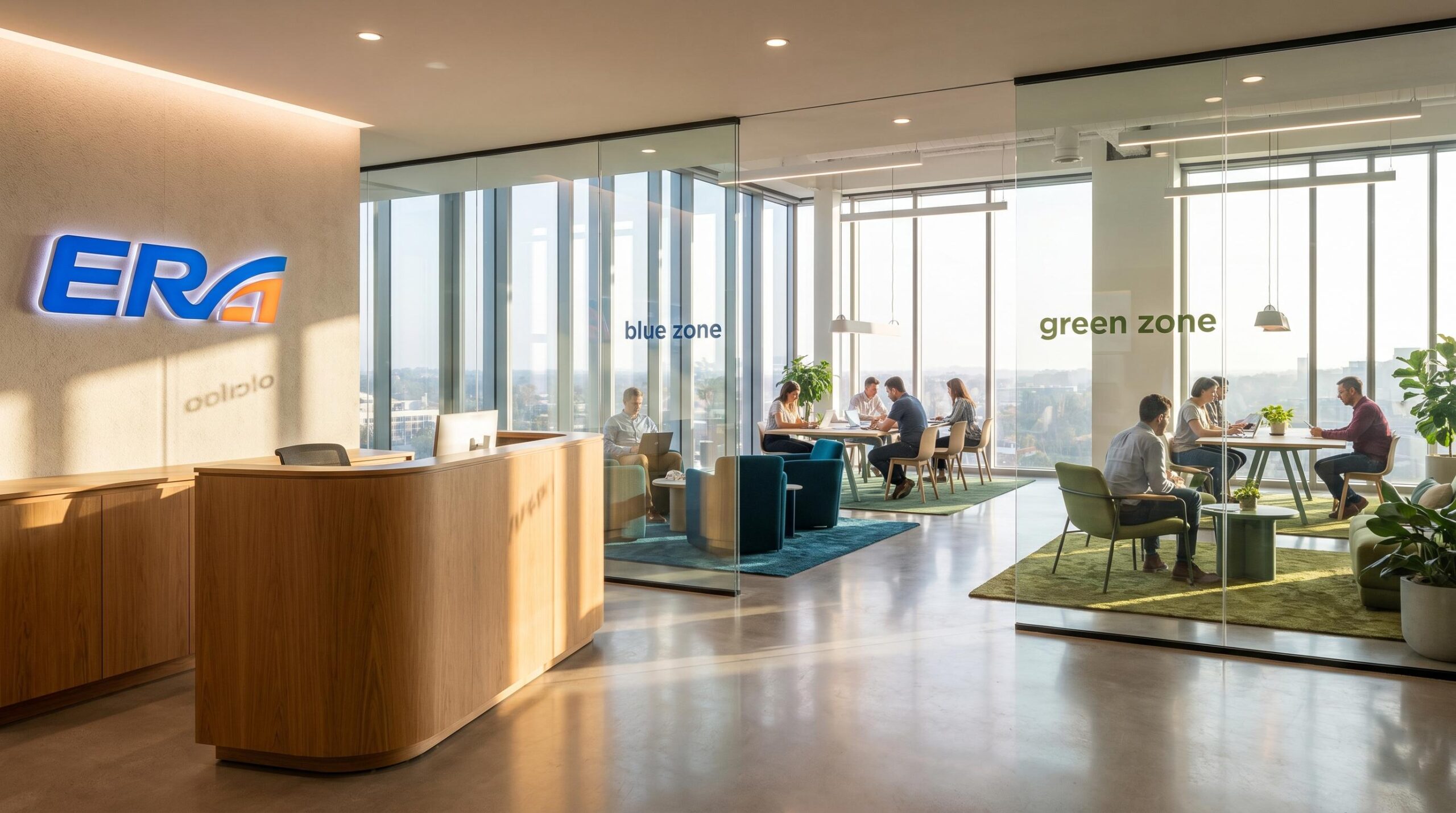 Office with team neighborhoods and zones using company color palette, branded materials, reception designed for a strong first impression.
