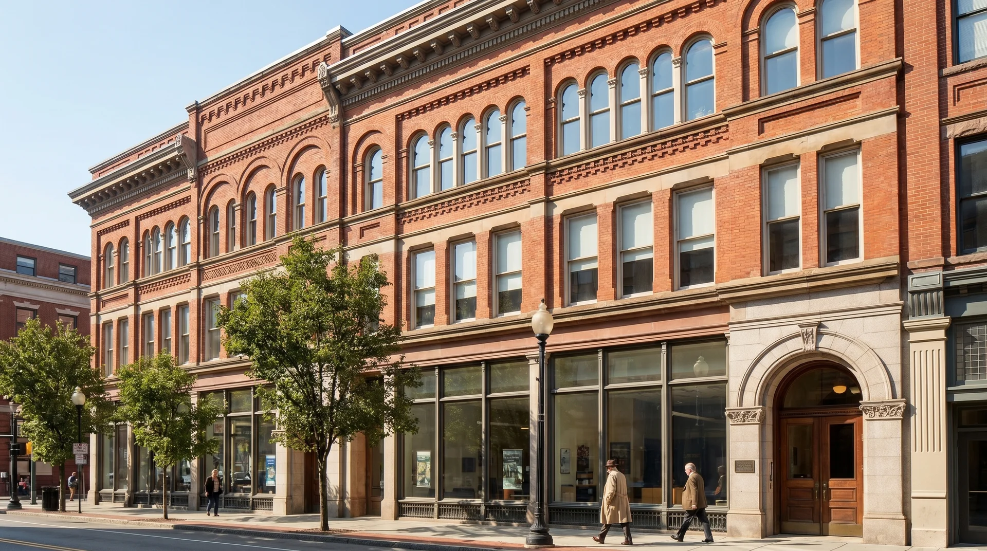 Multi-story commercial building with a classic red brick facade and stone architectural details.