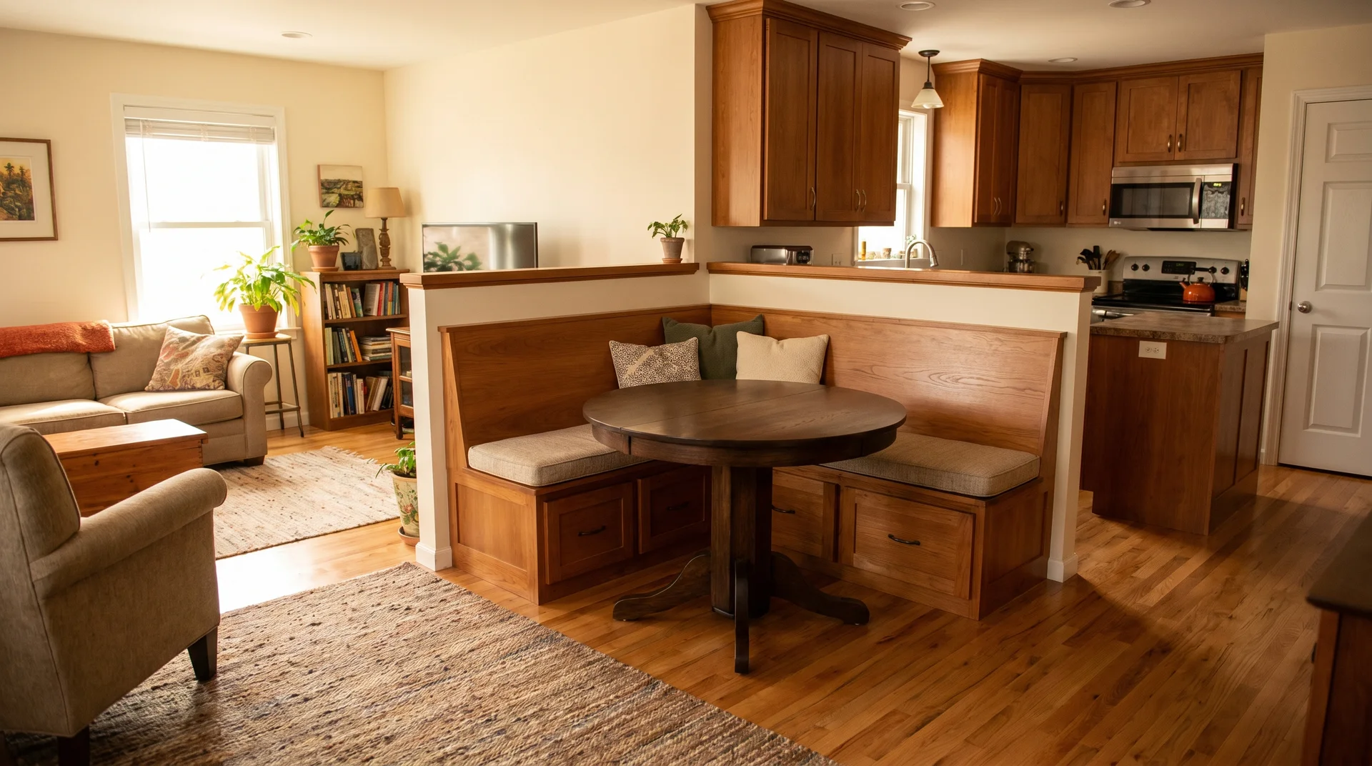 Built-in wood banquette seating with a round table dividing a classic kitchen from a cozy, carpeted living room.