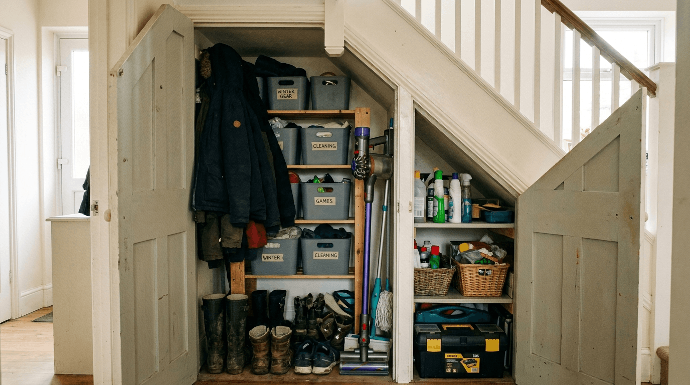 Under-stairs built-in cupboard storing coats, shoes, vacuum, and cleaning supplies.