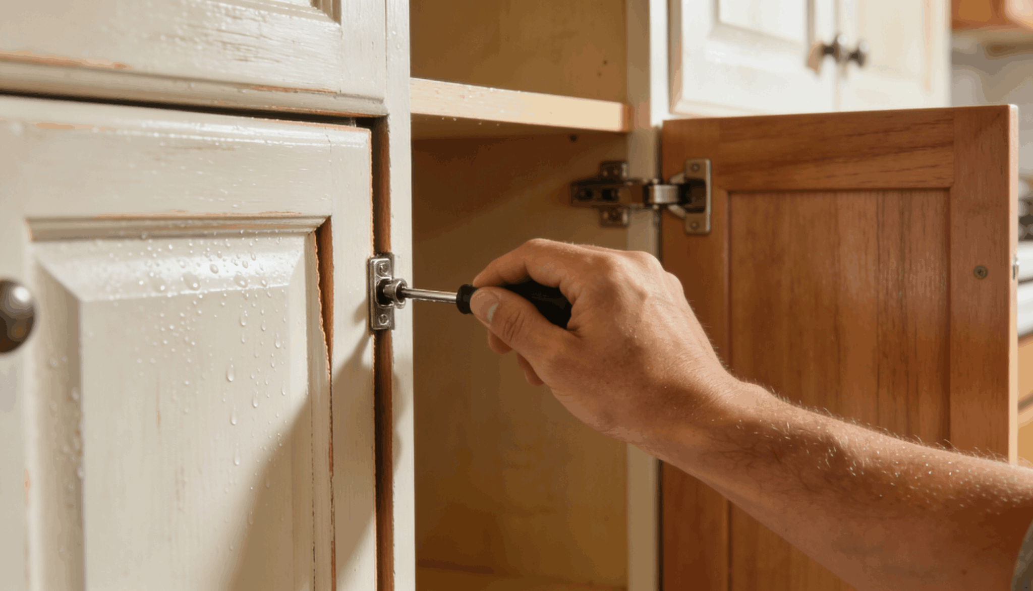 InsetCabinet hinge adjustment beside low-maintenance full-overlay cabinets.