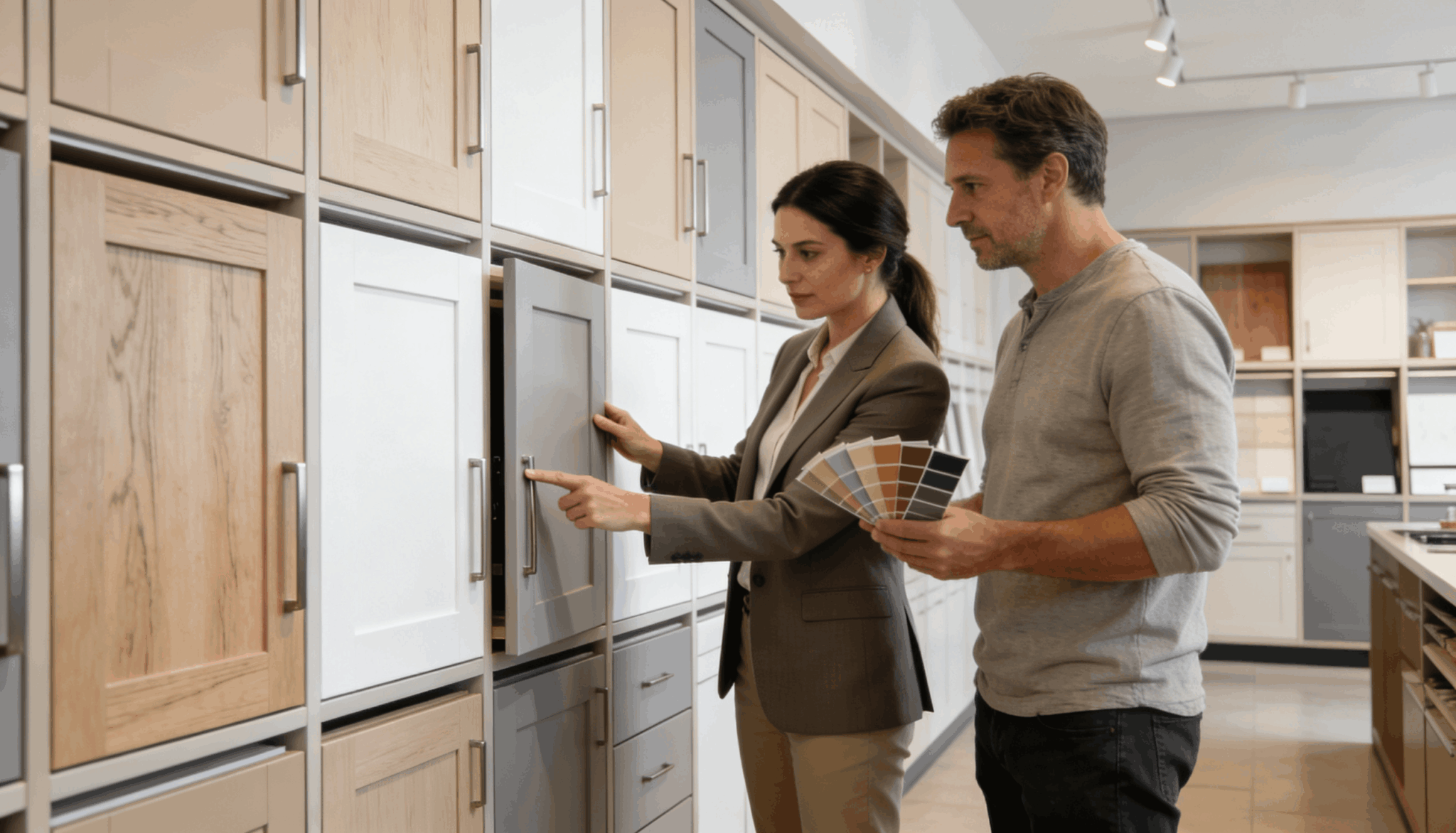 Kitchen showroom displaying inset, overlay, and partial-overlay cabinet styles.
