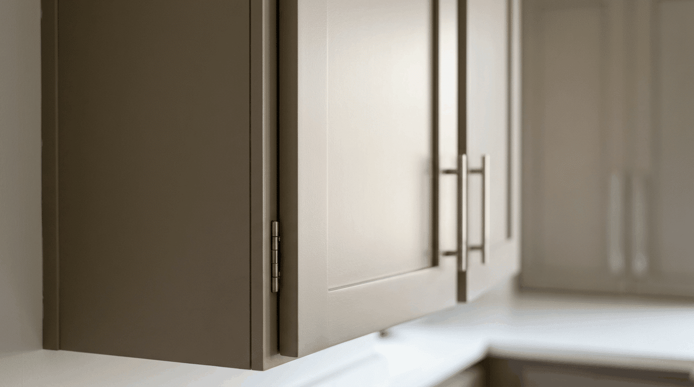 Standard cabinet depth gap between shaker doors showing face frame and hinge detail.