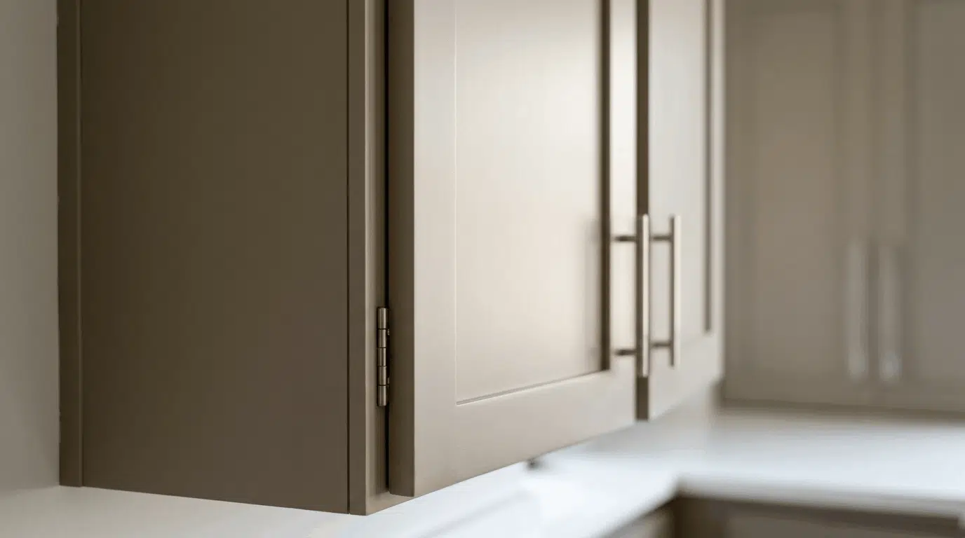 Standard cabinet depth gap between shaker doors showing face frame and hinge detail.