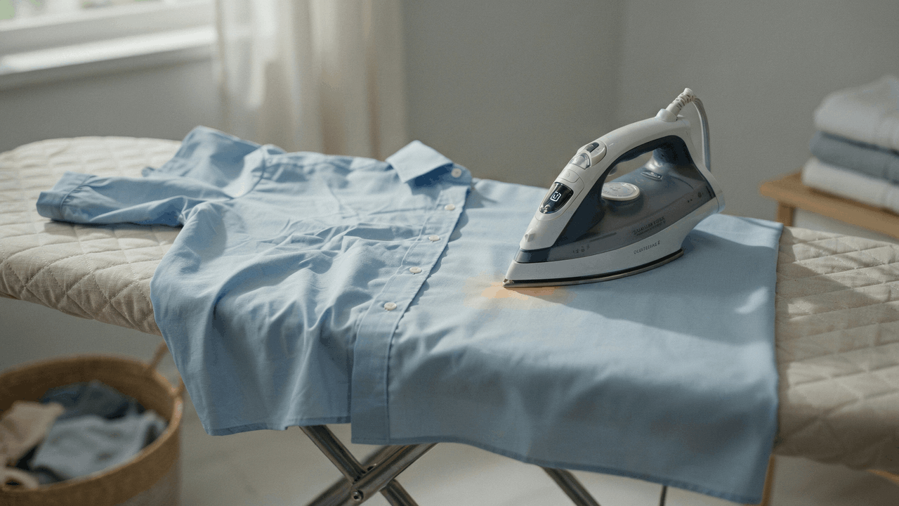 Wrinkled polyester shirt being safely ironed on low heat in a home laundry setup showing careful fabric care and wrinkle removal process