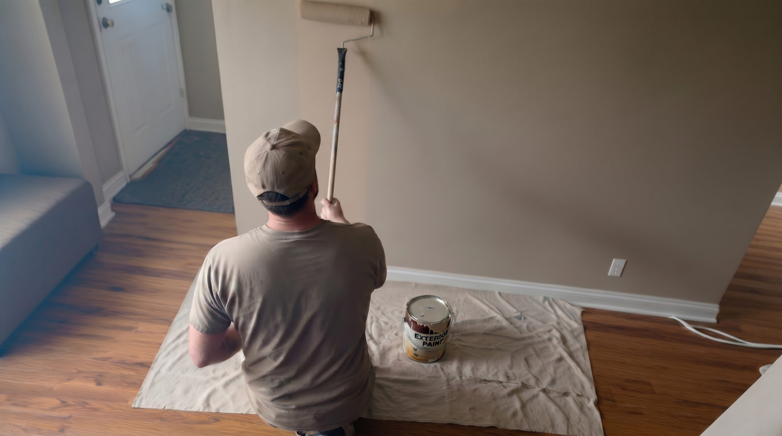 Back view of a man using a roller to apply paint to an indoor wall, with a paint can on a drop cloth.
