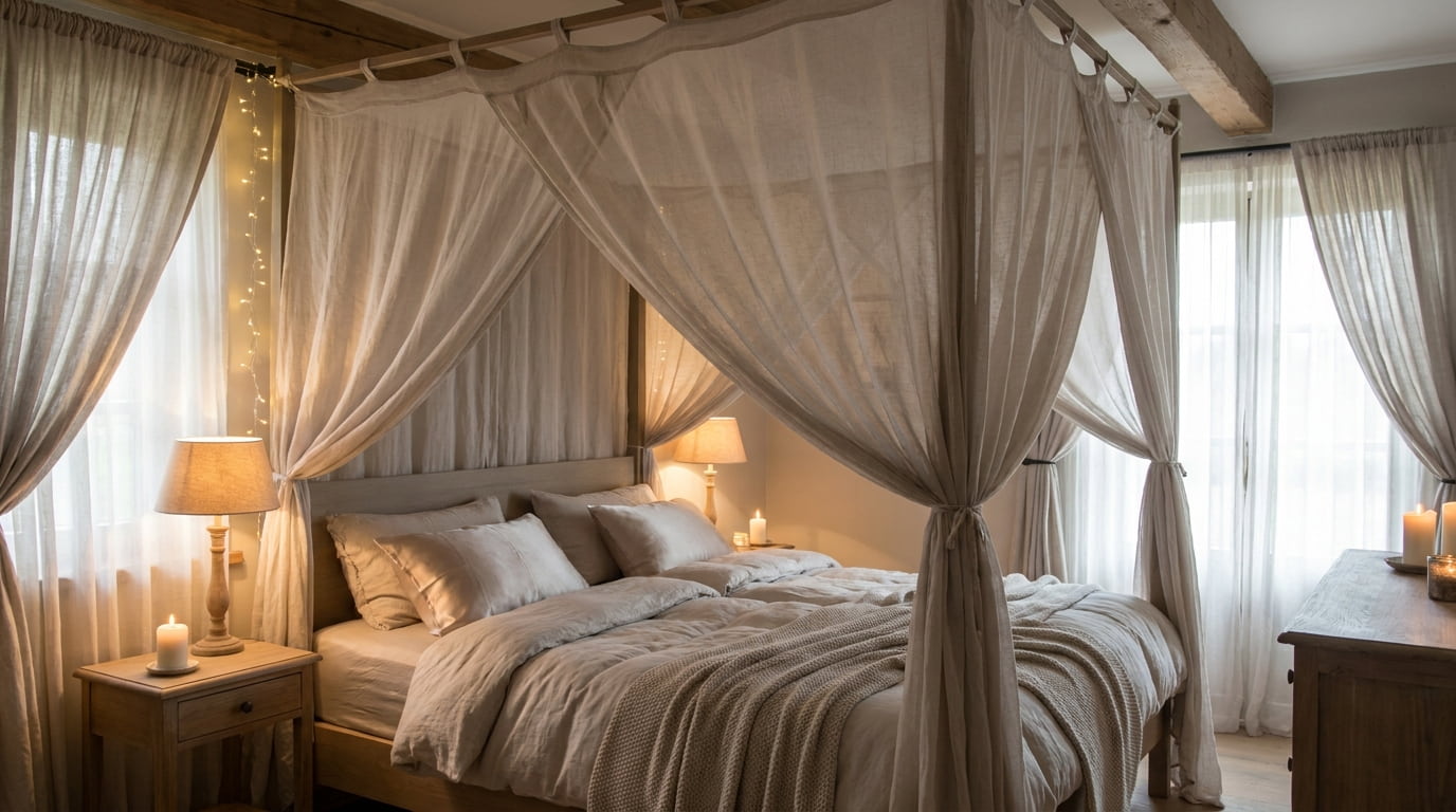 Wall decor for bedroom featuring draped canopy fabric above bed creating a soft and romantic retreat.