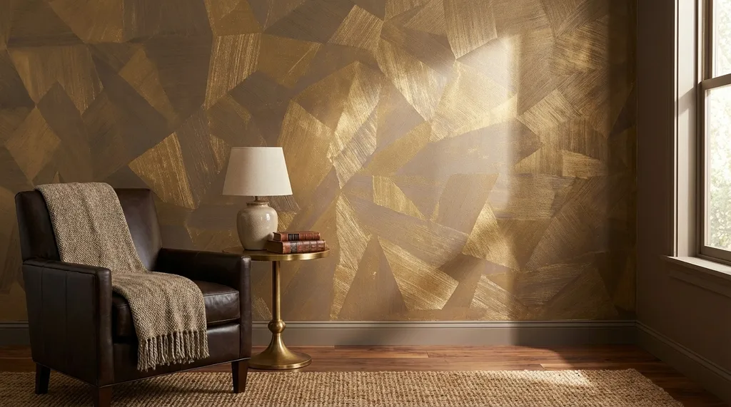 A warm and luxurious wall with a shimmering gold finish, showcasing an abstract design with rich hues and texture.