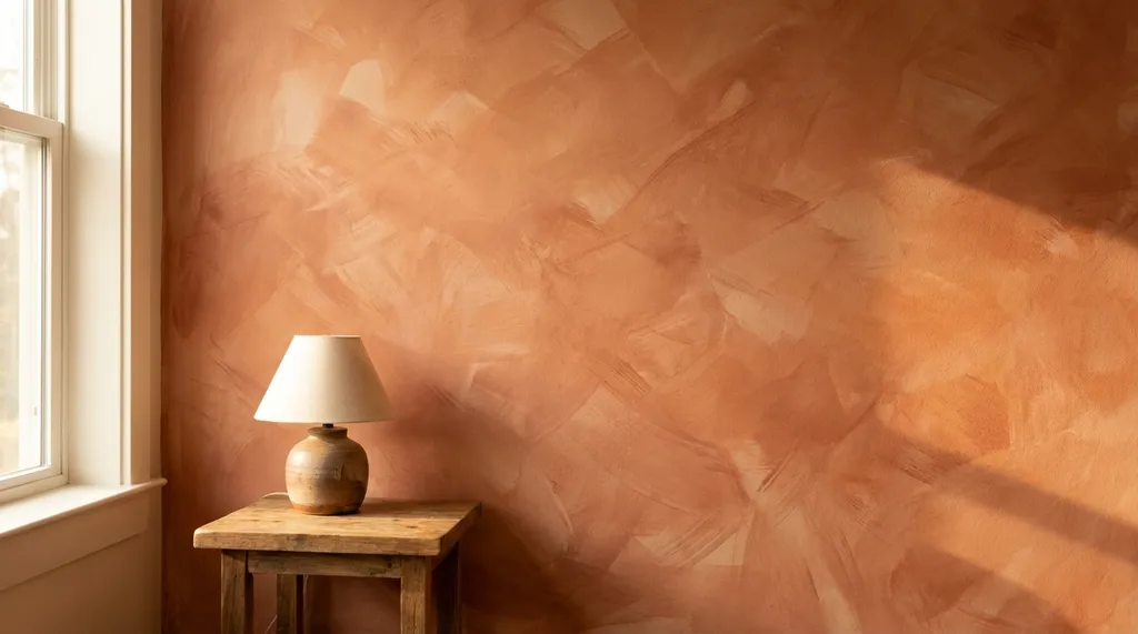 A warm, earth-toned wall featuring a textured color-wash finish next to a window and a small wooden bedside lamp.