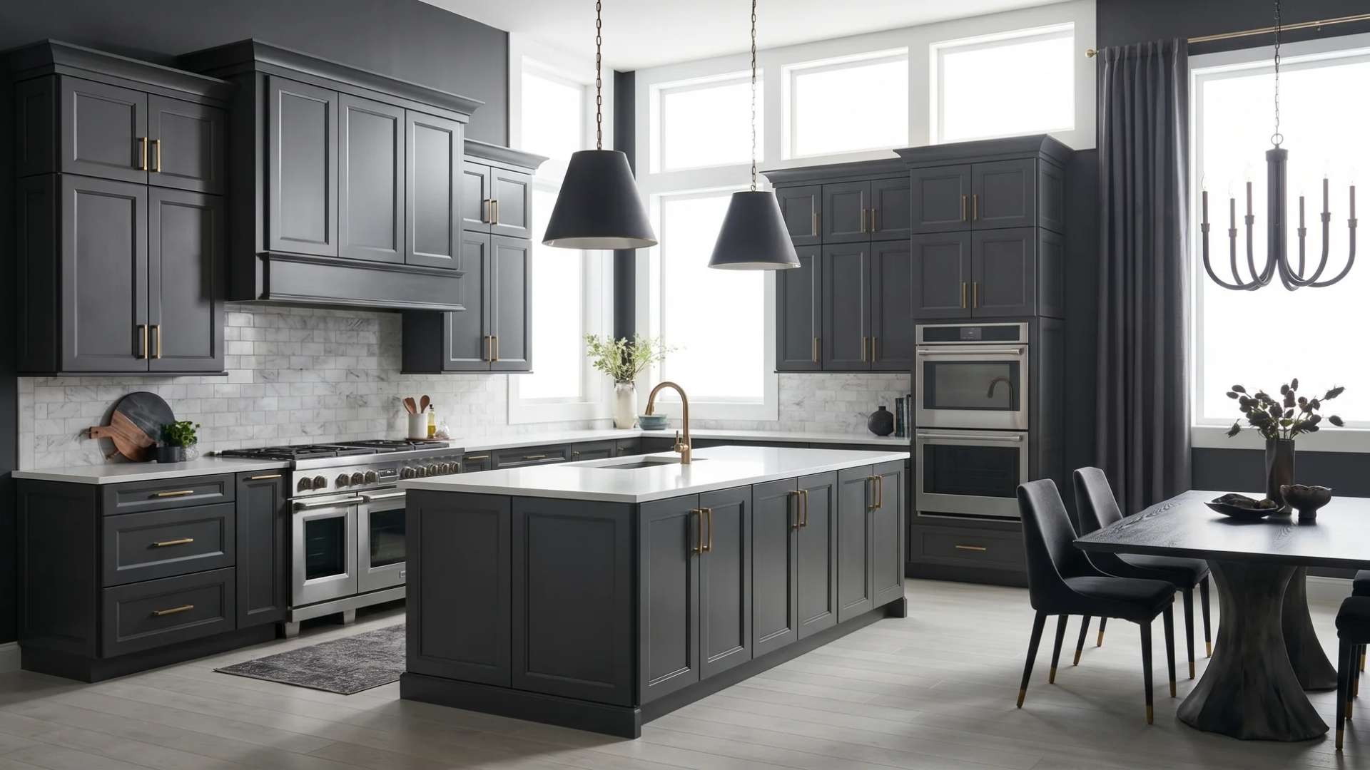 Dark charcoal painted kitchen cabinets in a modern kitchen with brass hardware and large pendant lights.
