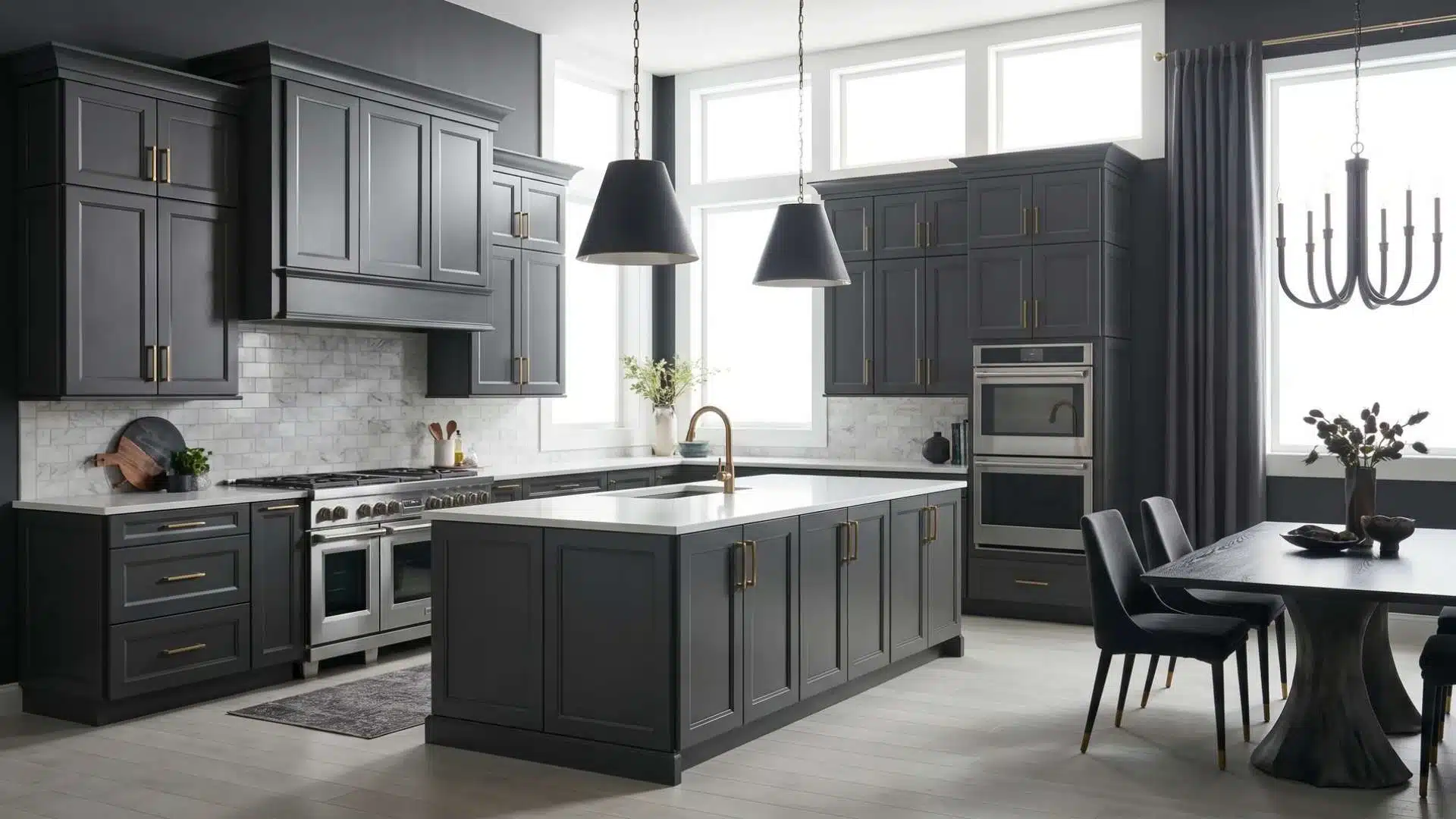 Dark charcoal painted kitchen cabinets in a modern kitchen with brass hardware and large pendant lights.