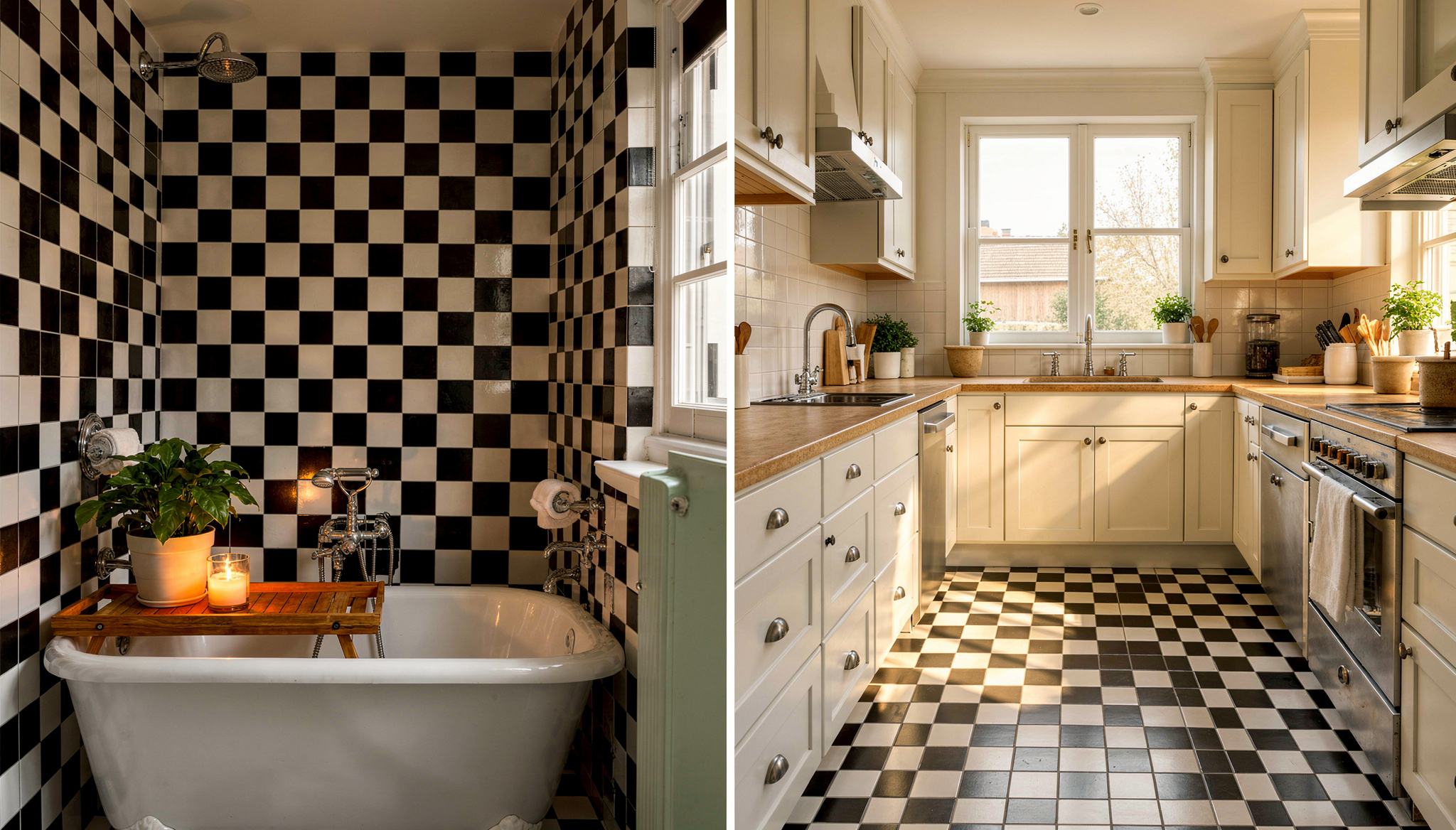 Split image showing checkerboard tiles on a bathroom wall and a kitchen floor design.
