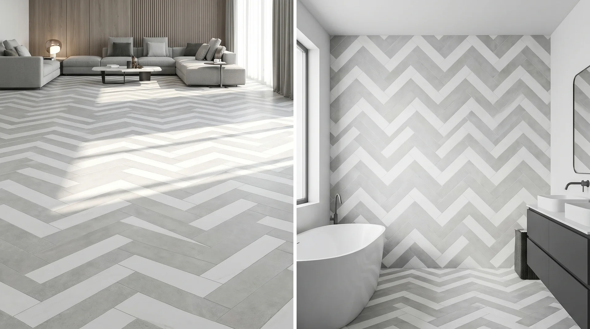 Chevron pattern with gray and white tiles on the left floor and wall in a modern bathroom, featuring a bathtub and vanity.