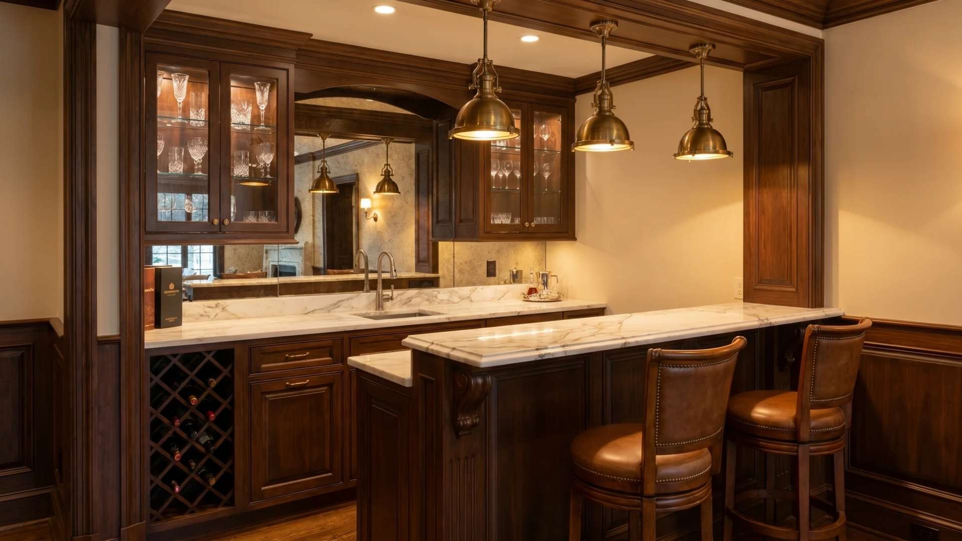 Classic wet bar with dark wood cabinetry, marble counters, and pendant lighting.