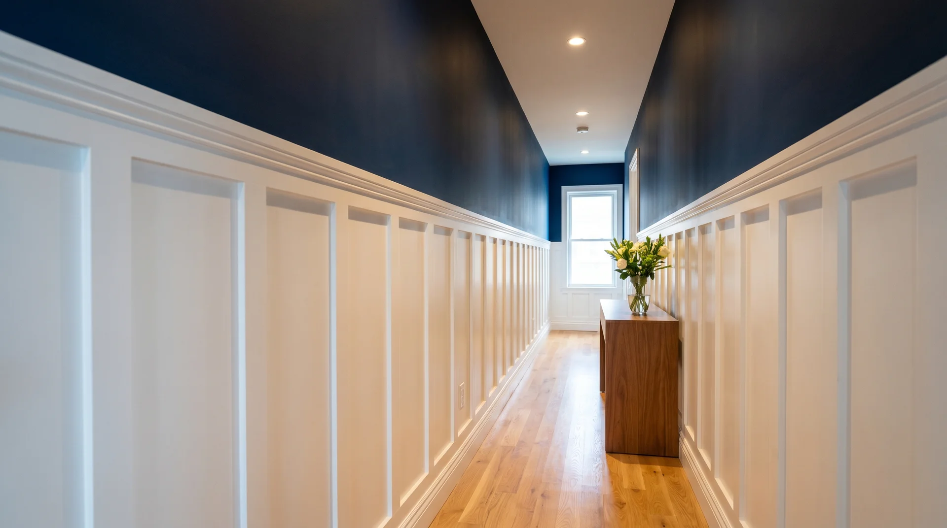 Long hallway with classic white board and batten, dark navy upper wall, natural light, wooden floor, minimalist console table.