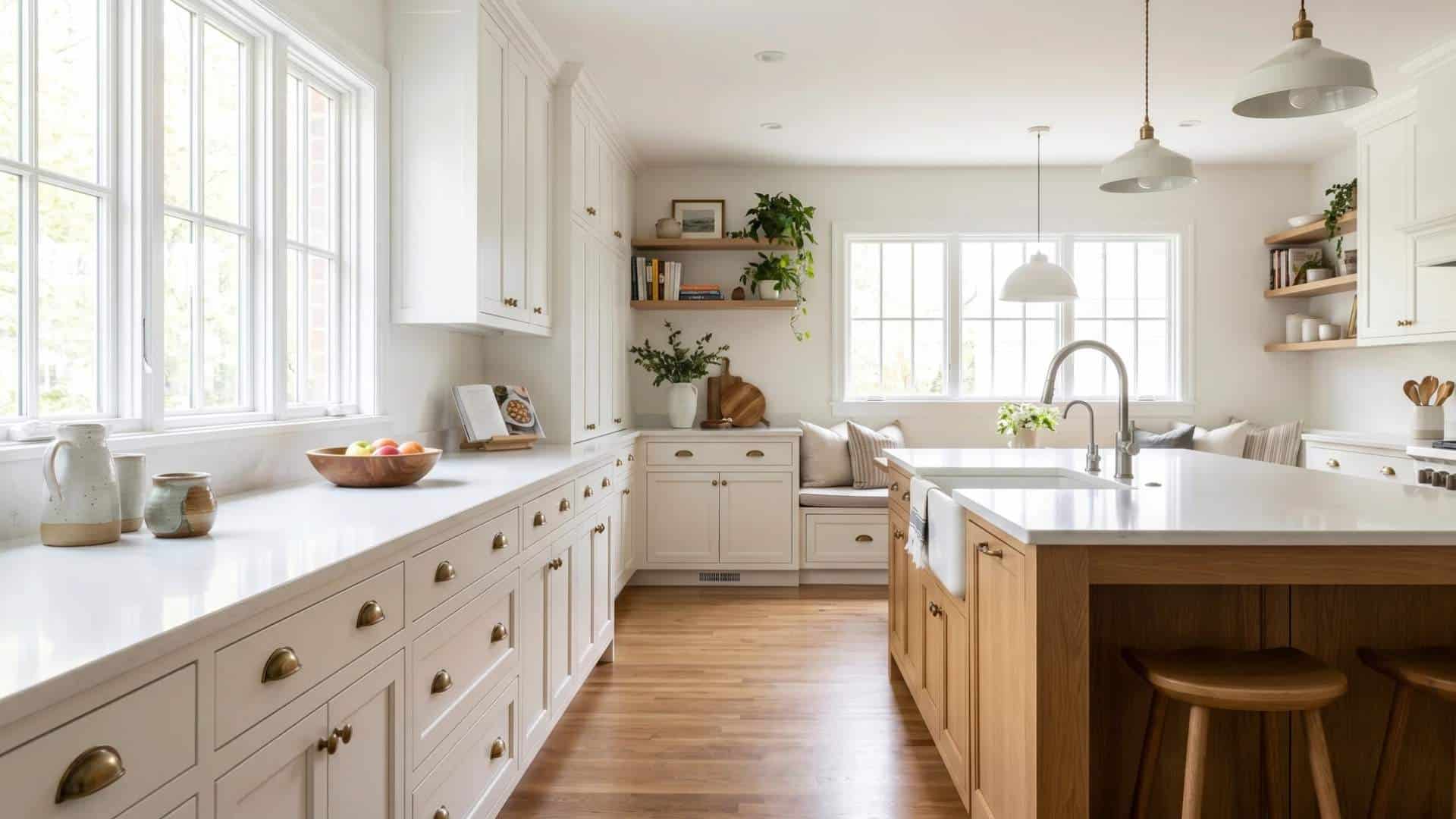 Classic white painted kitchen cabinets with marble countertops and open shelving, creating a timeless look.